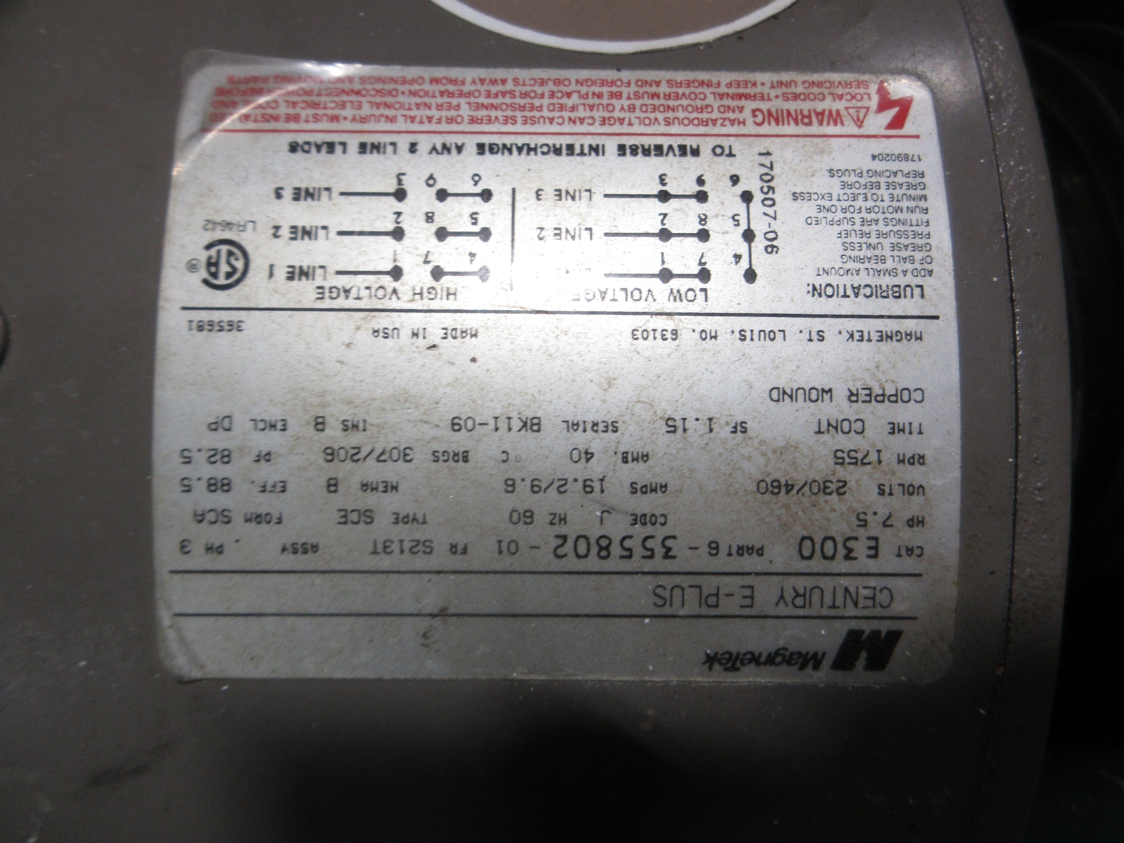 MagneTek Motor 6-355802-01 7.5HP 1800RPM 230/460V 19.2/9.6A 3Ph 60Hz Used