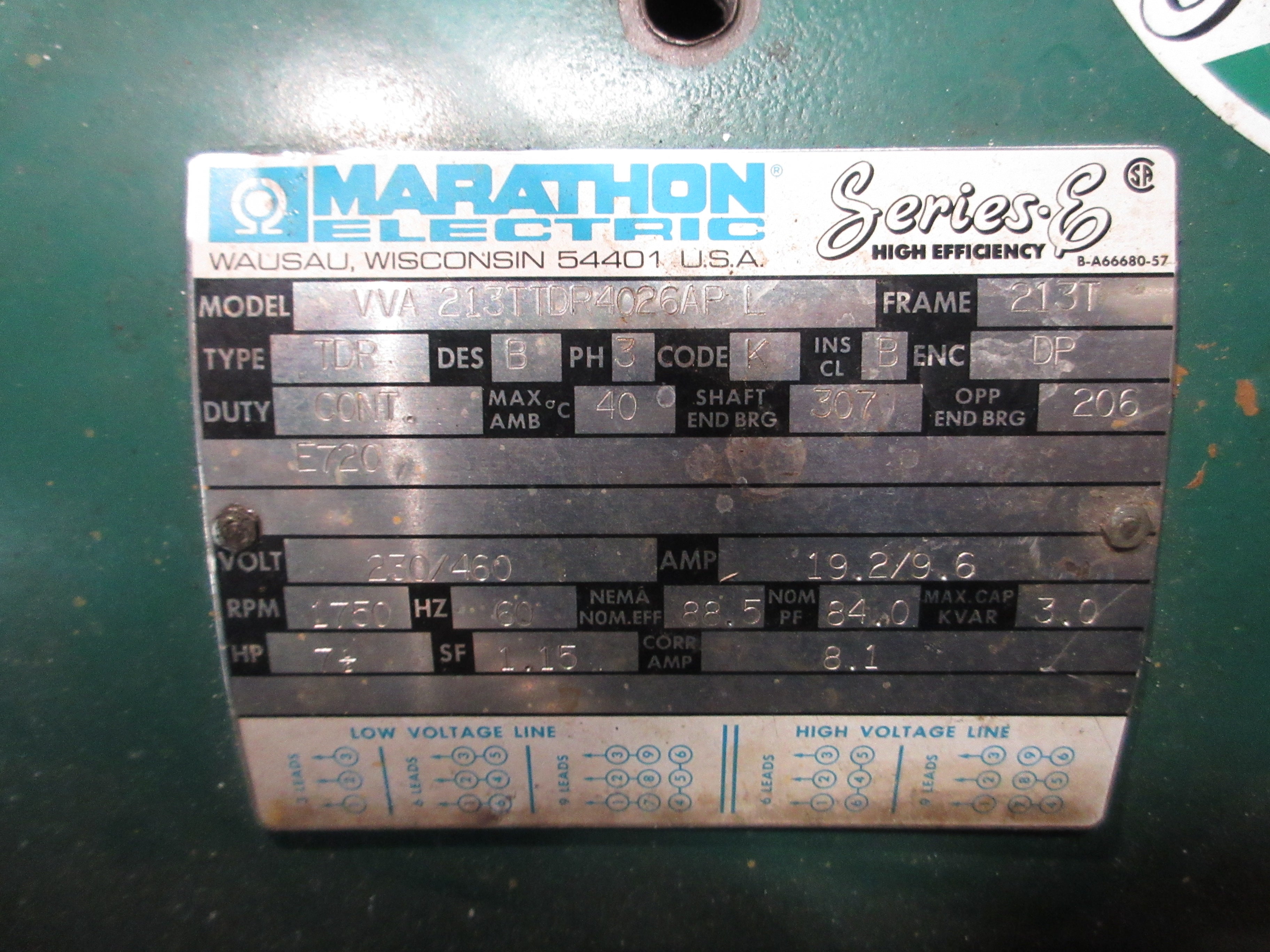 Marathon Electric Motor VVA 213TTDR4026AP L 7.5HP 1800RPM 230/460V 19.2/9.6A 3Ph