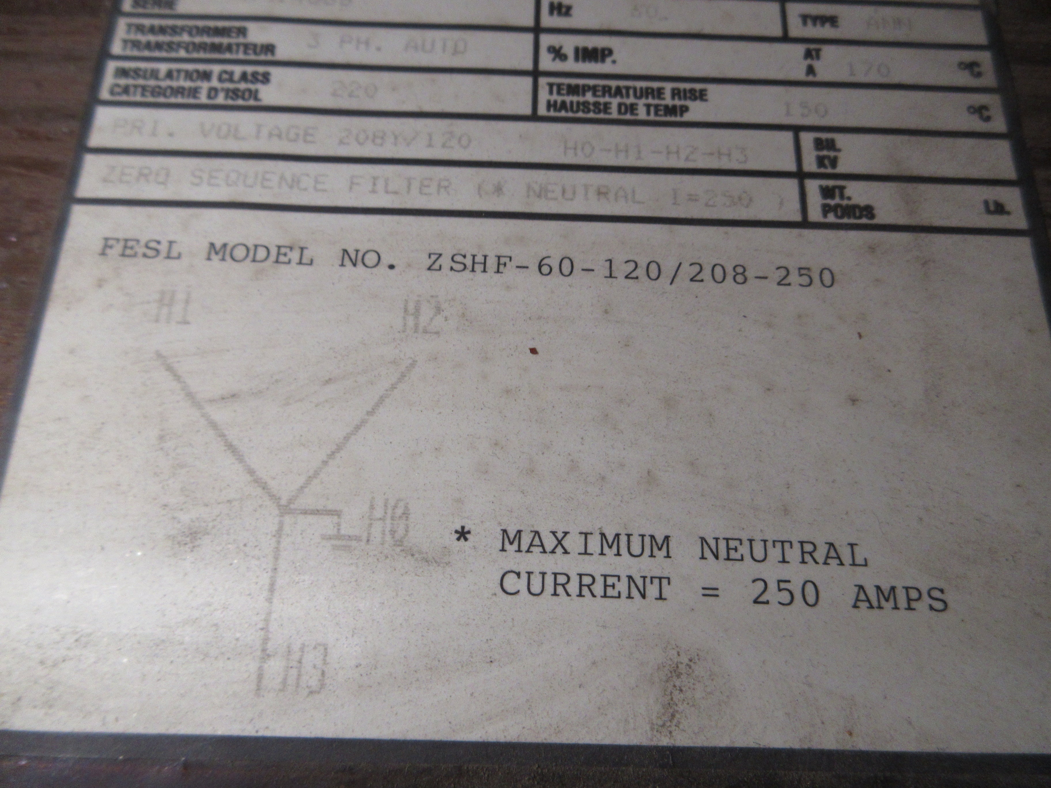 FESL Zero Sequence Harmonic Filter ZSHF-60-120/208-250 30kVA Pri: 208Y/120V Used