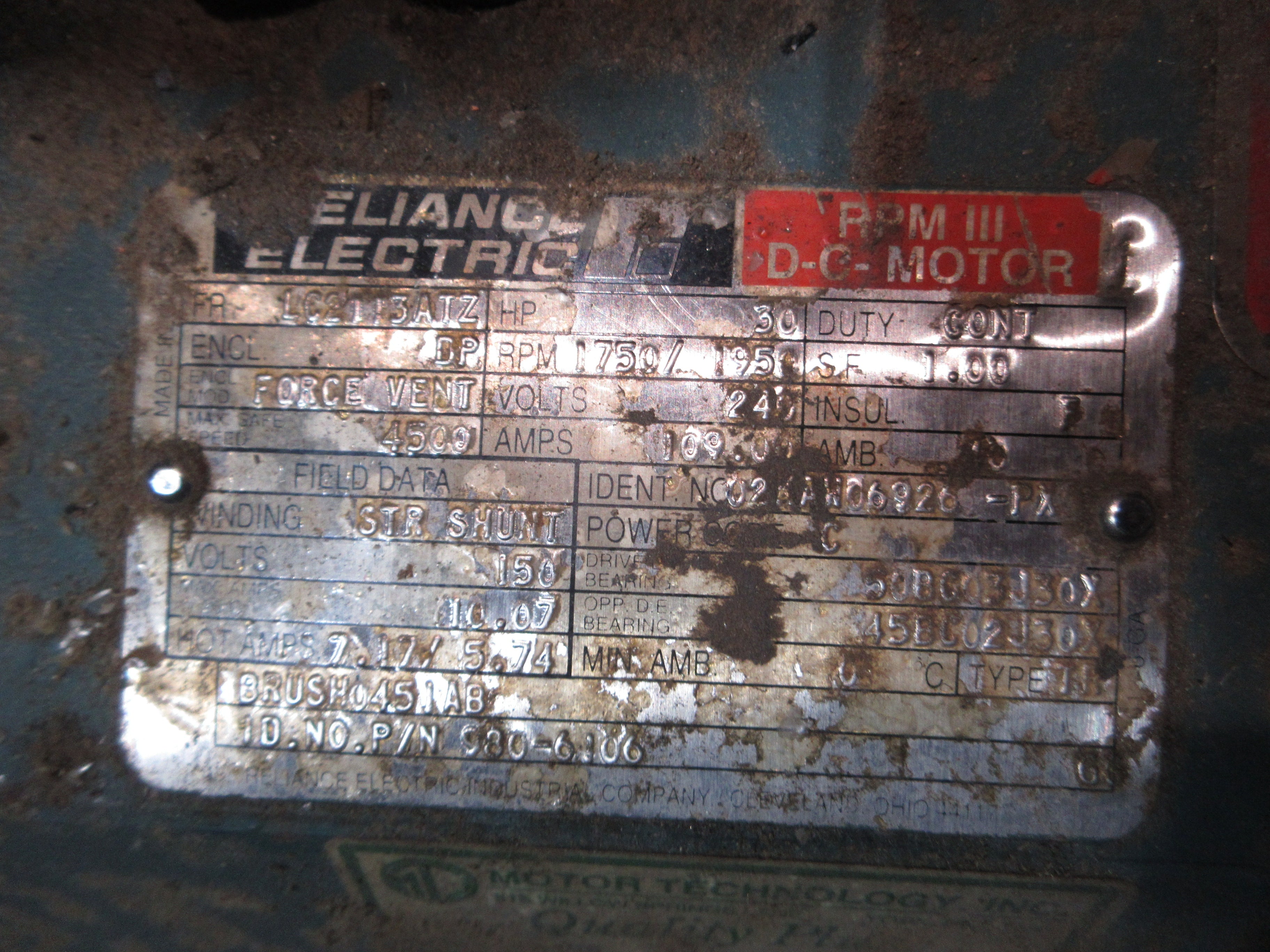 Reliance Electric DC Motor N002KAW06926-PX 30HP 1800/2000RPM 240V 109A Used