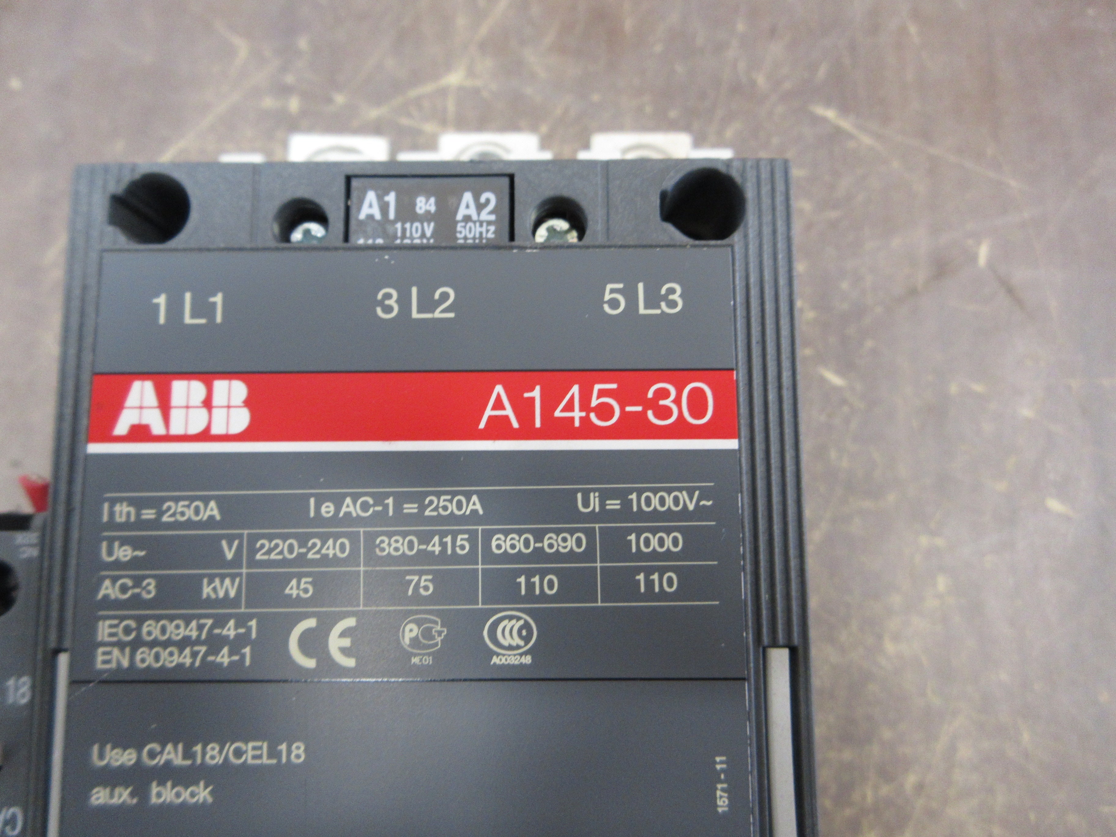 ABB Contactor A145-30 110-120V Coil 230A 600V (1) Aux Contact Used