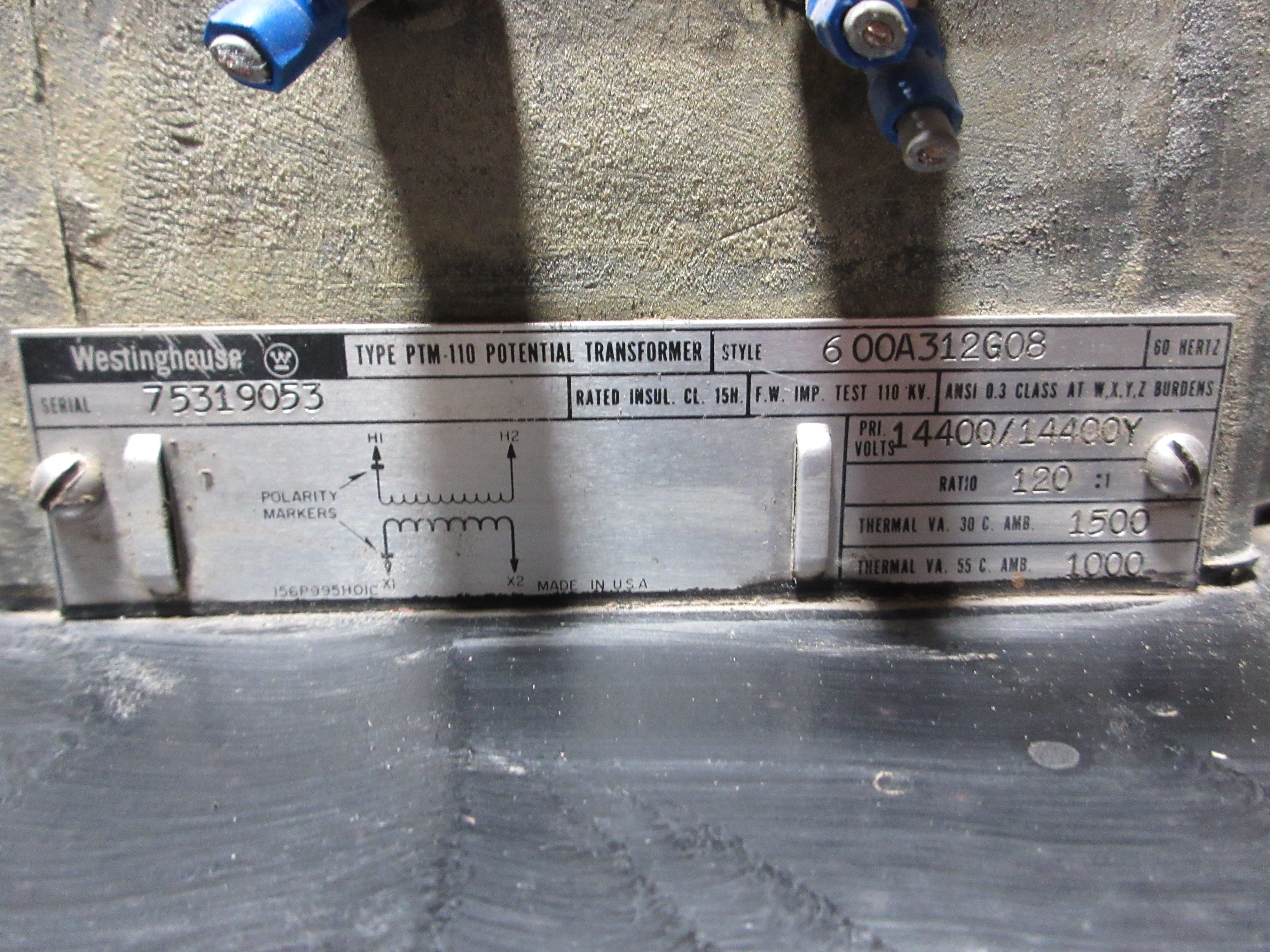 Westinghouse Type PTM-110 Potential Transformer 600A312G08 Ratio 120:1 60Hz Used