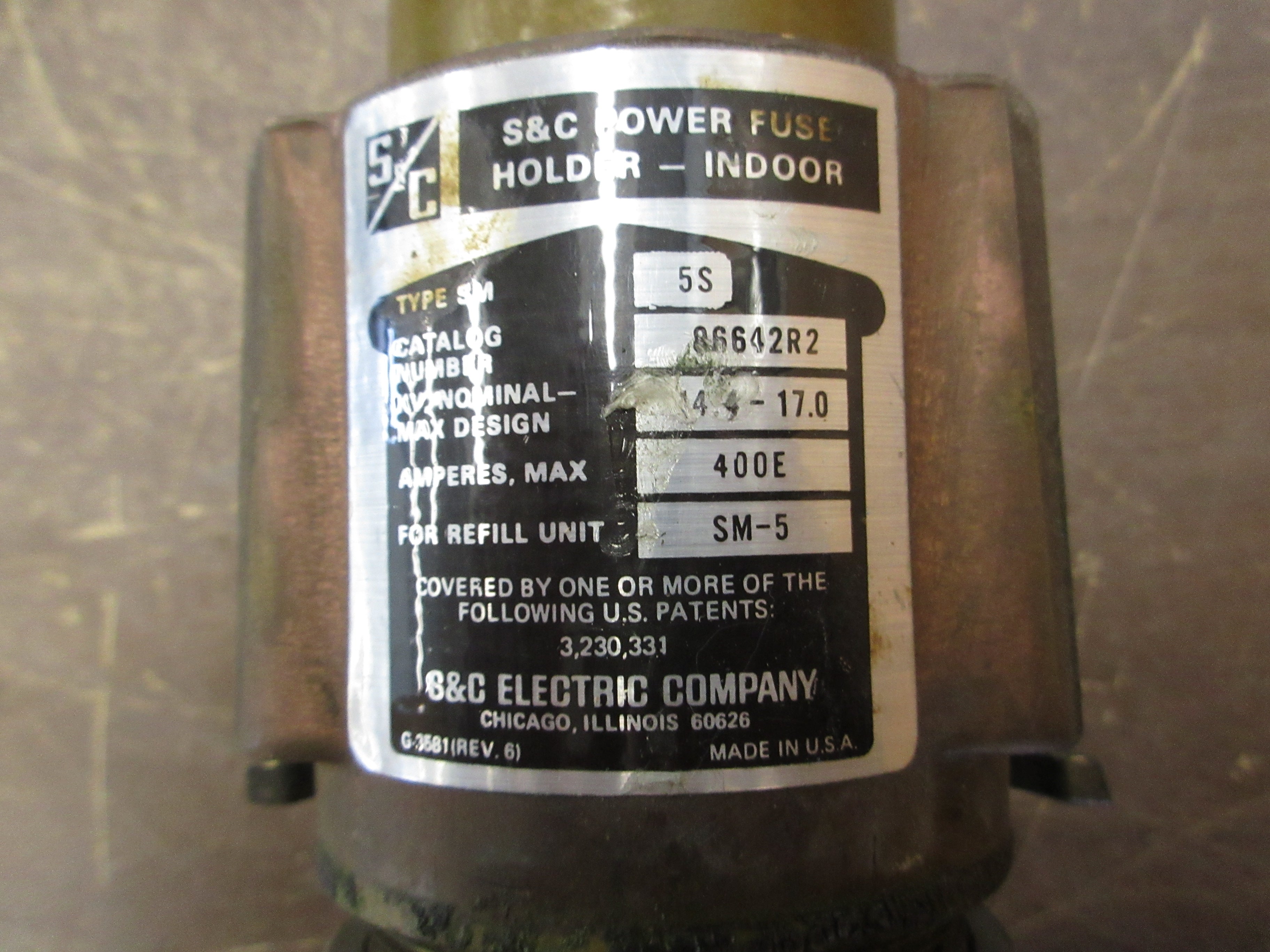 S&C Type SM-5S Fuse Holder 86642R2 14.4kV 400E Max 80E Refill Used