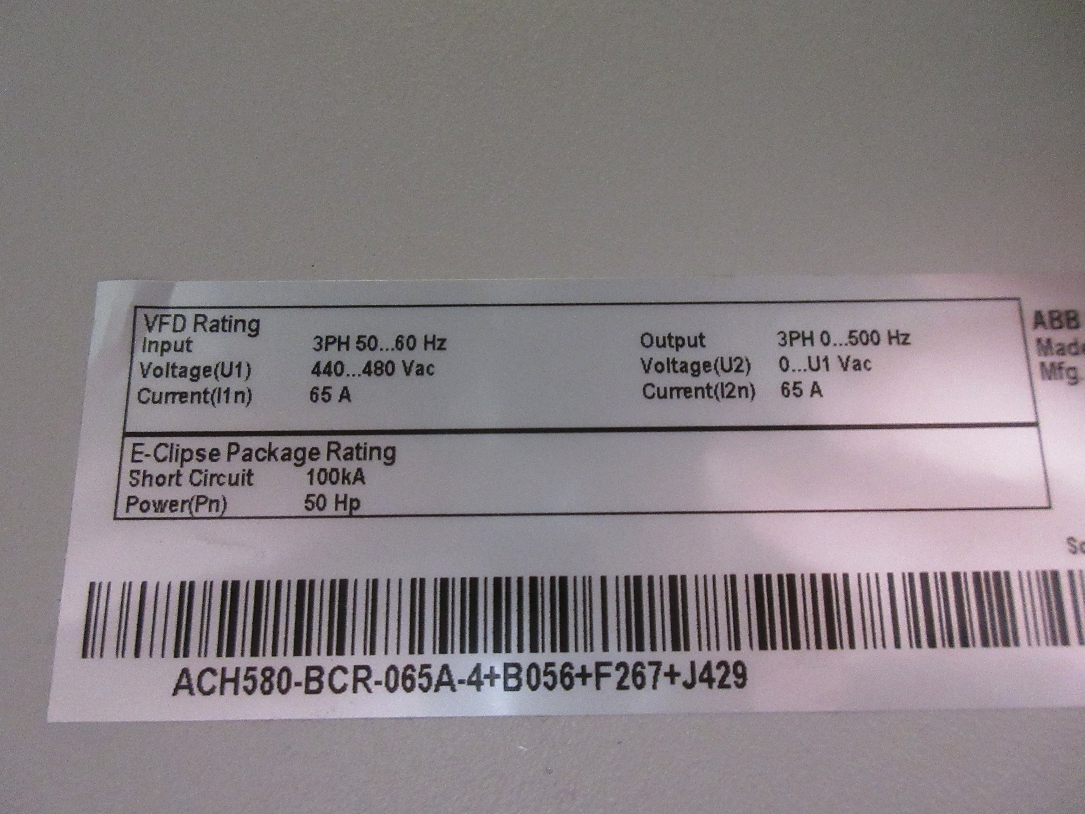 ABB ACH580 AC Drive w/ Bypass ACH580-BCR-065A-4+B056+F267+J429 50HP 3Ph Used