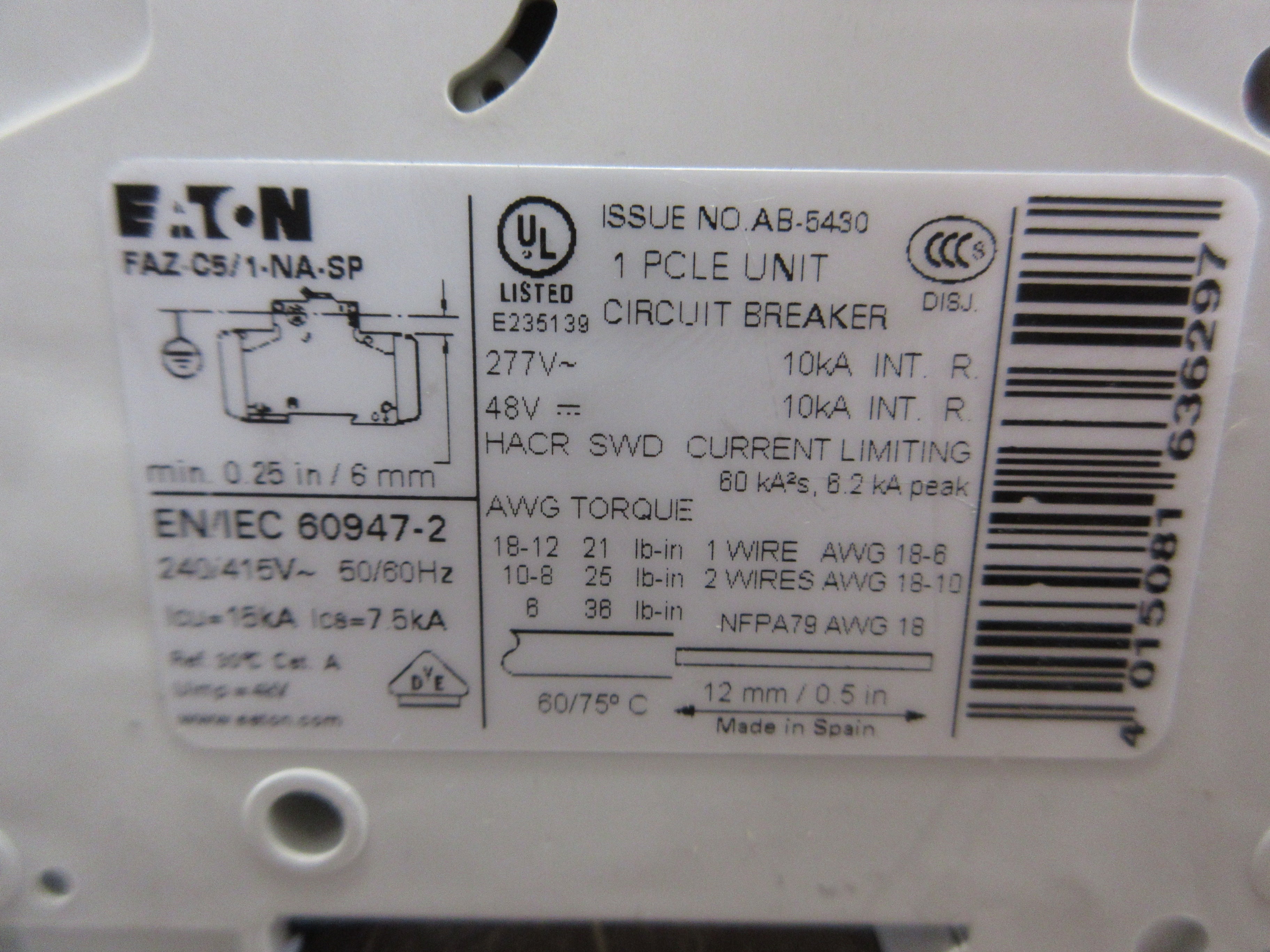 Eaton Circuit Breaker FAZ-C5/1-NA-SP 5A 277V 1P Used