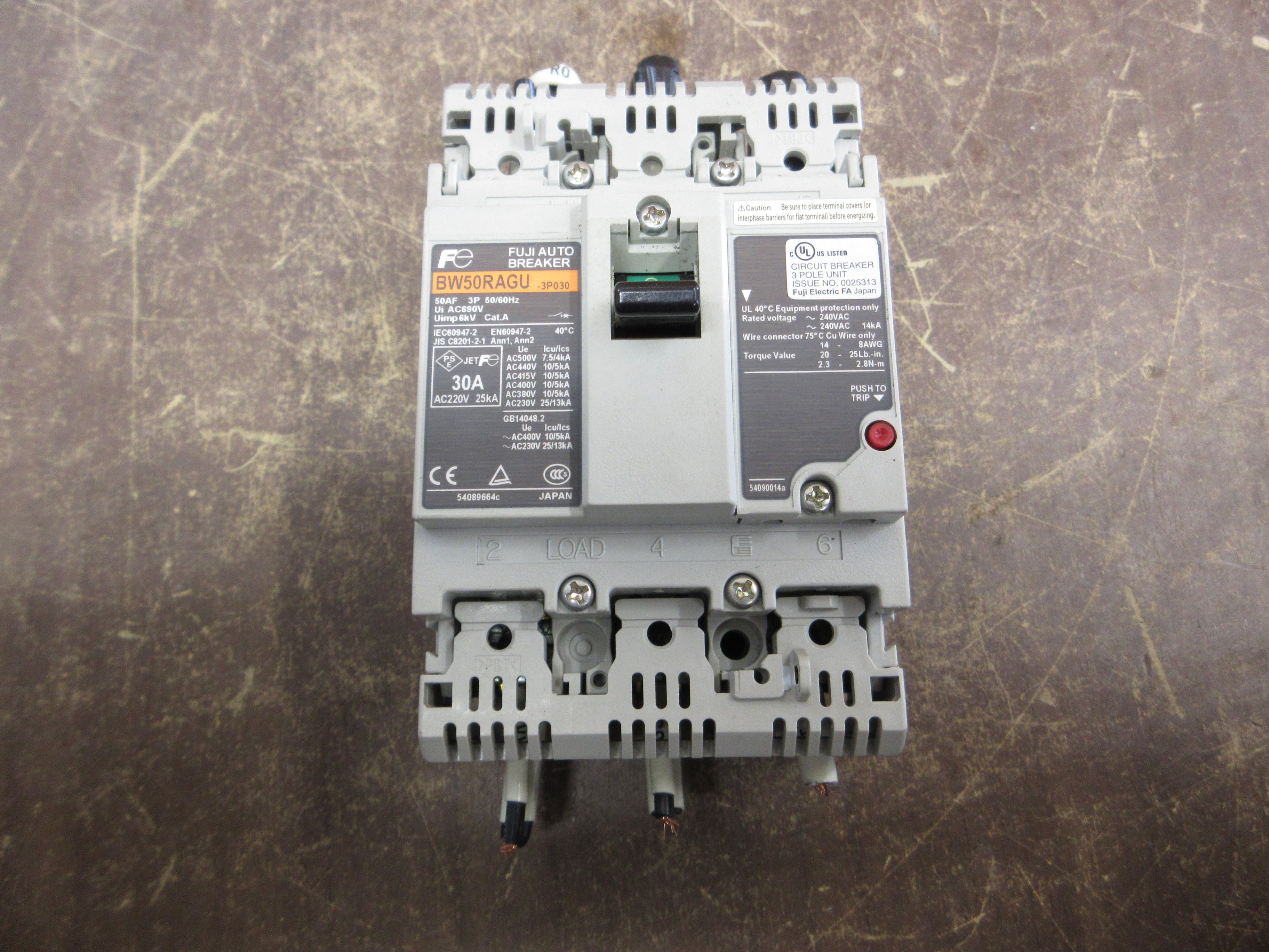 Fuji Electric Circuit Breaker BW50RAGU-3P030 30A 240V 3P Used