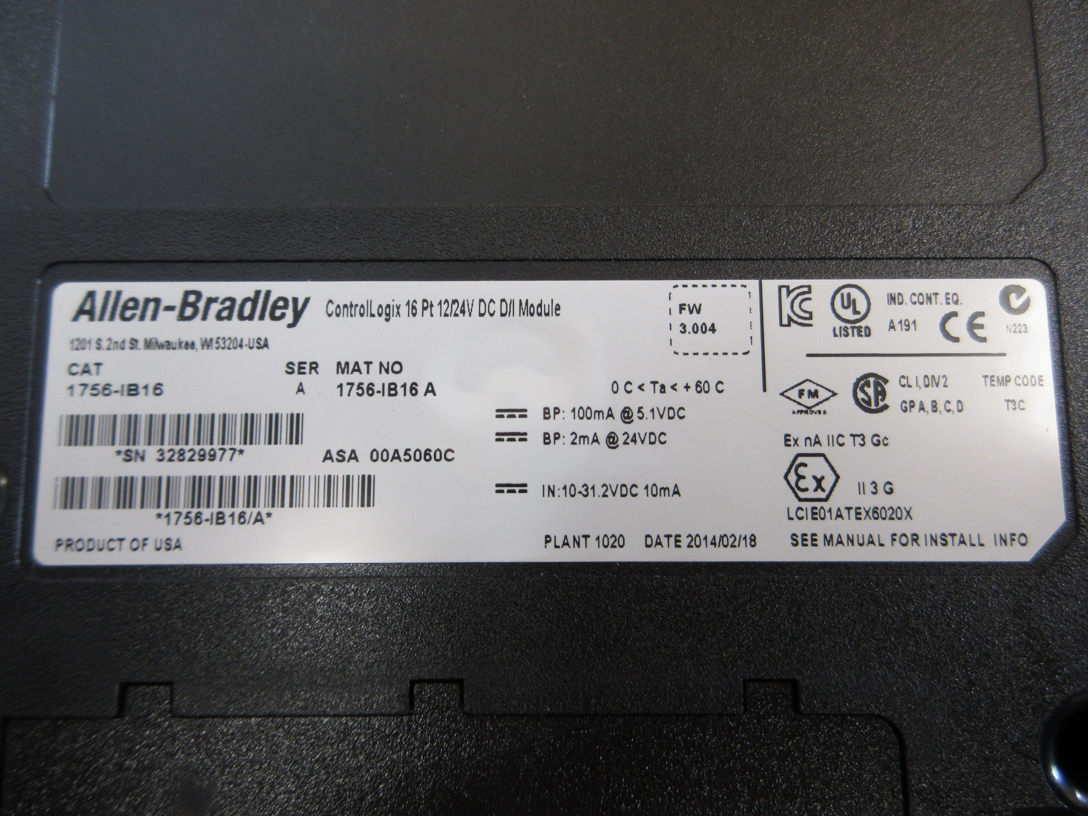 Allen-Bradley ControlLogix Digital Input Module 1756-IB16 Ser. A F/W. 3.004 Used