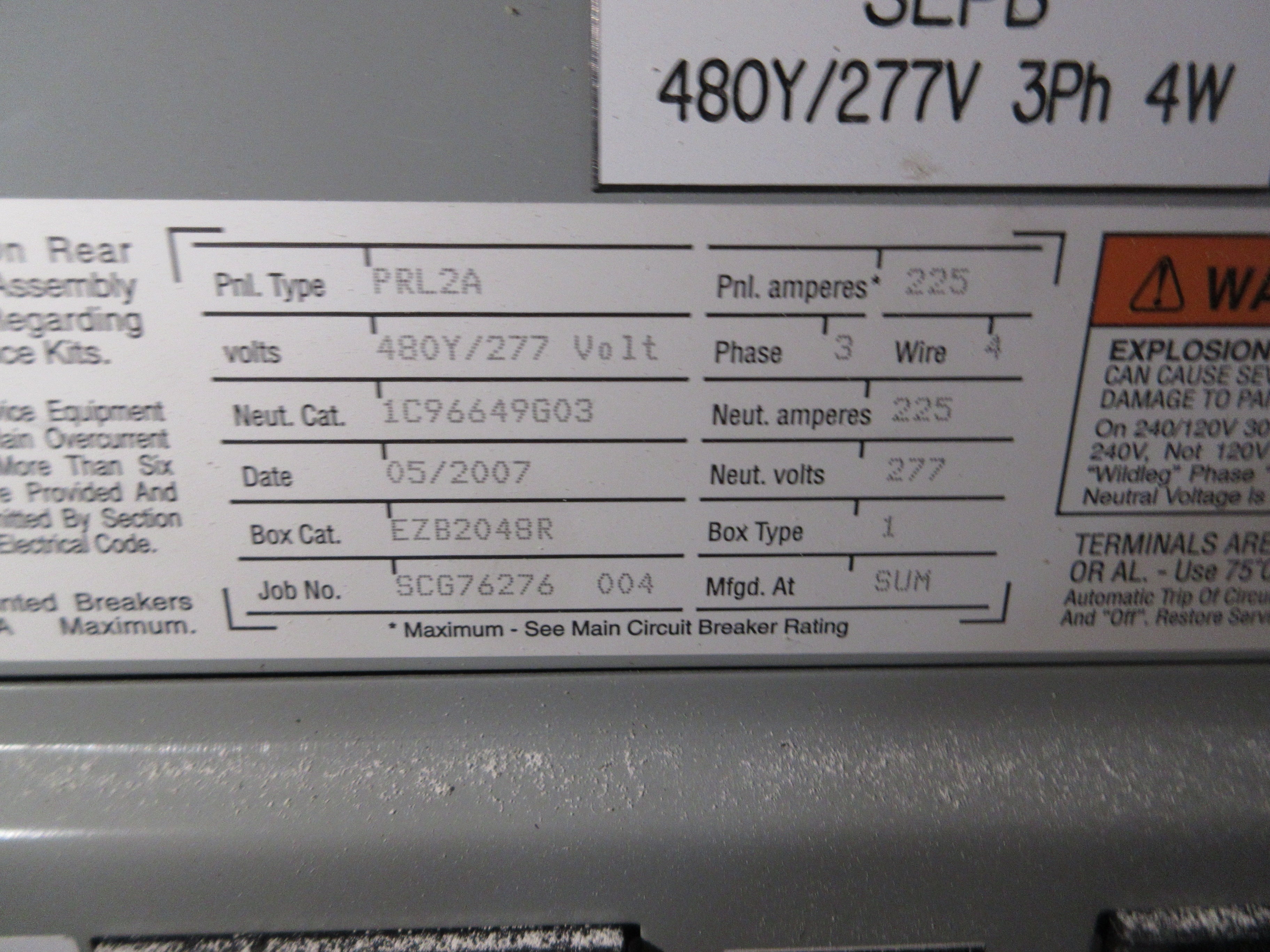 Eaton/Cutler-Hammer Main Breaker Circuit Breaker Panel IC96649G03 480Y/277V Used