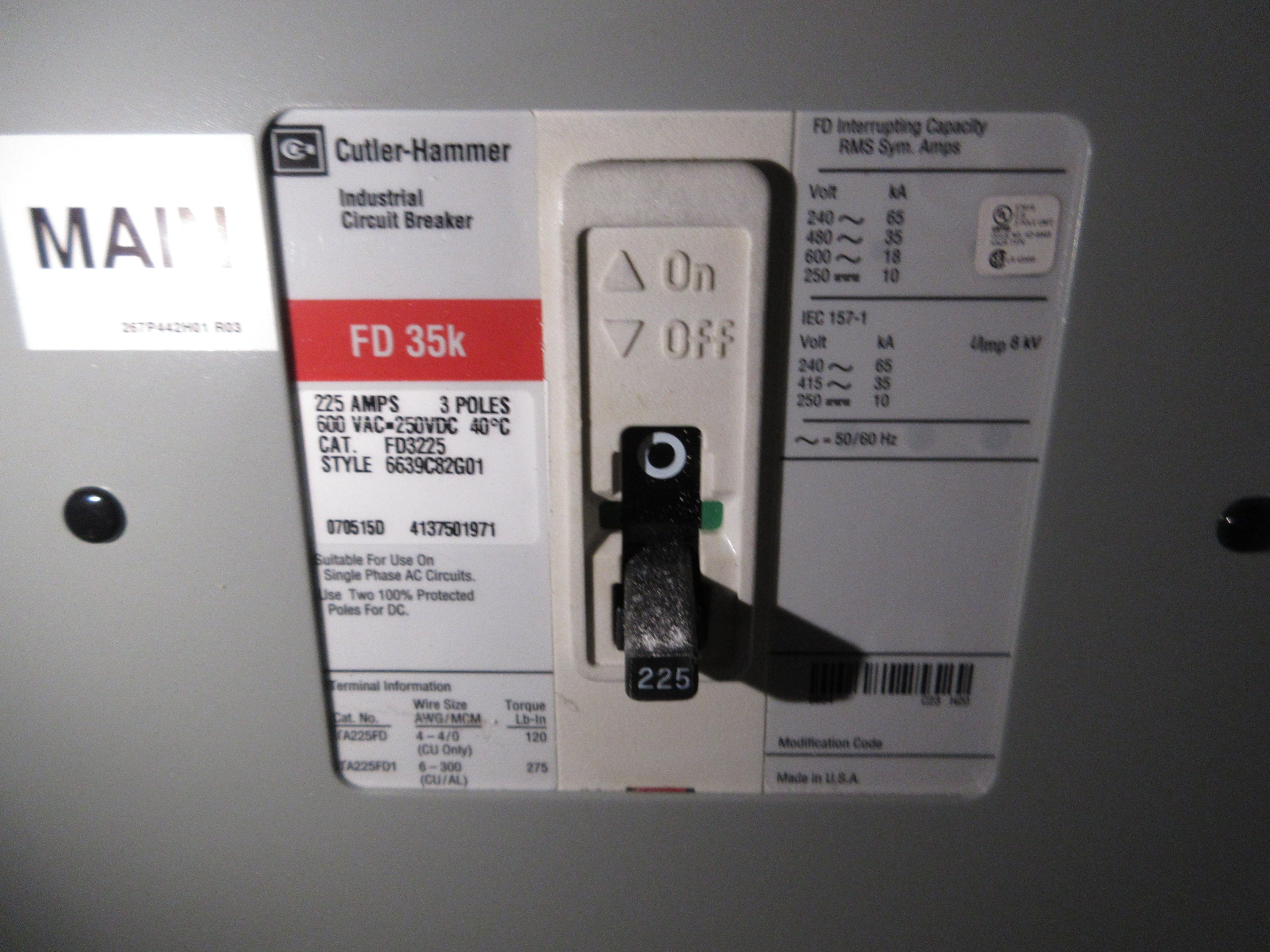 Eaton/Cutler-Hammer Main Breaker Circuit Breaker Panel IC96649G03 480Y/277V Used