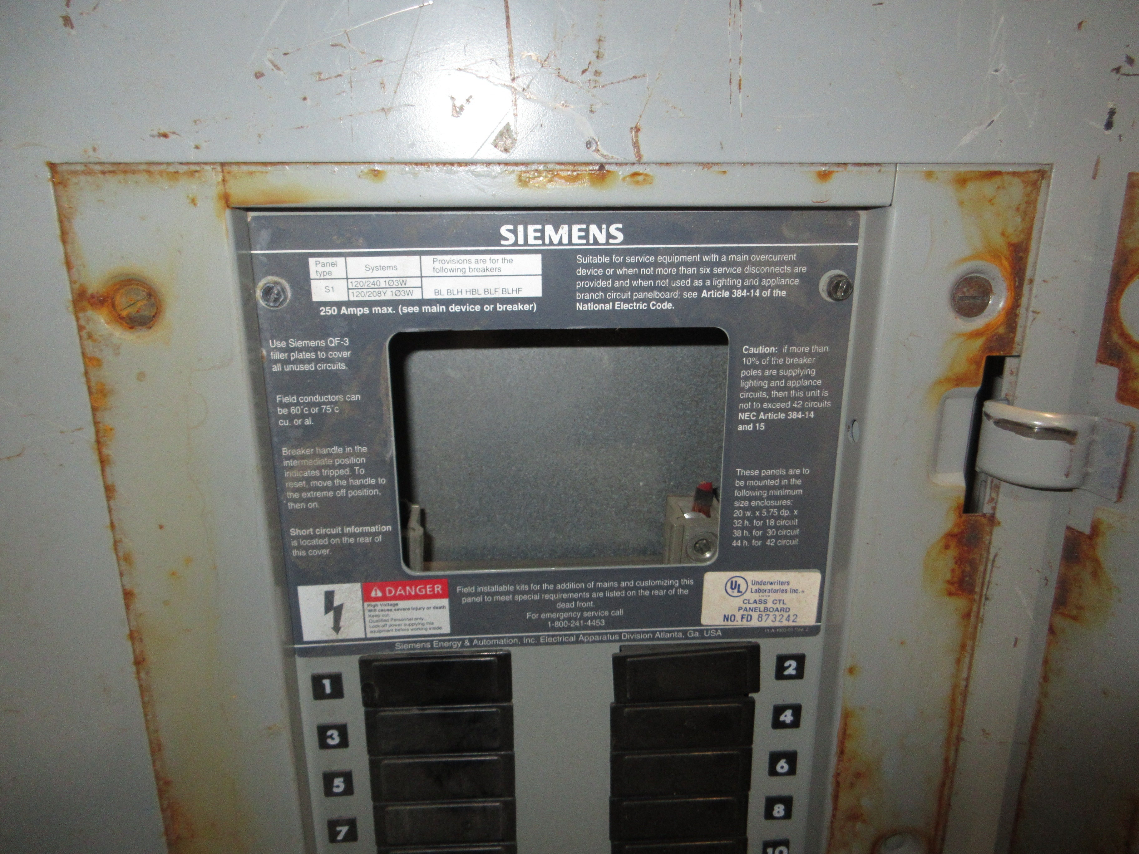 Siemens Main Lug Breaker Panel S1A30ML125CTS 250A Max 120/240V 1Ph 3W 30-Slot