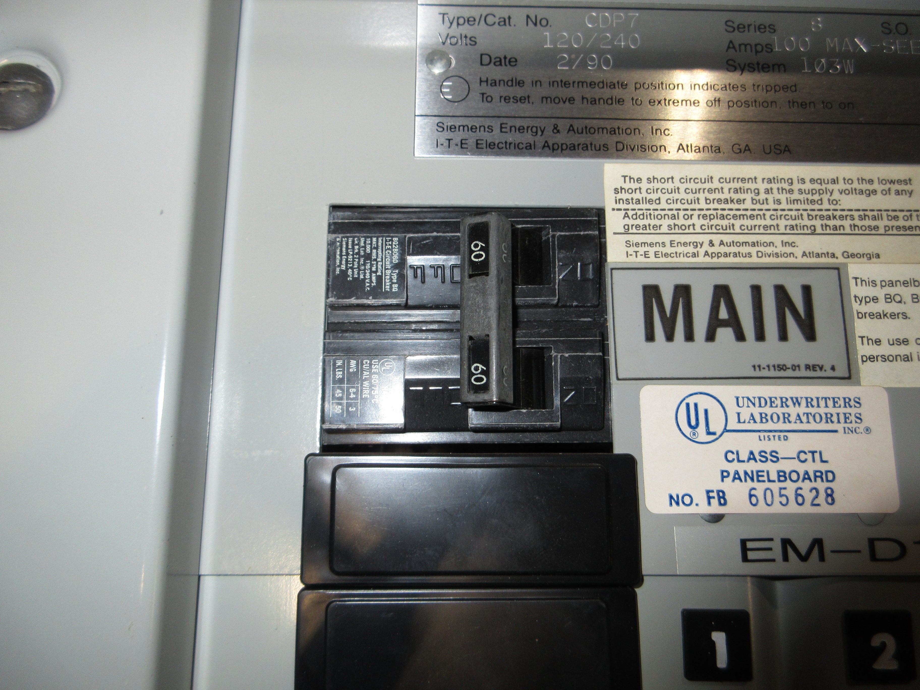 Siemens Main Breaker Circuit Breaker Panel CDP7 100A Max, 60A Main 120/240V 1Ph