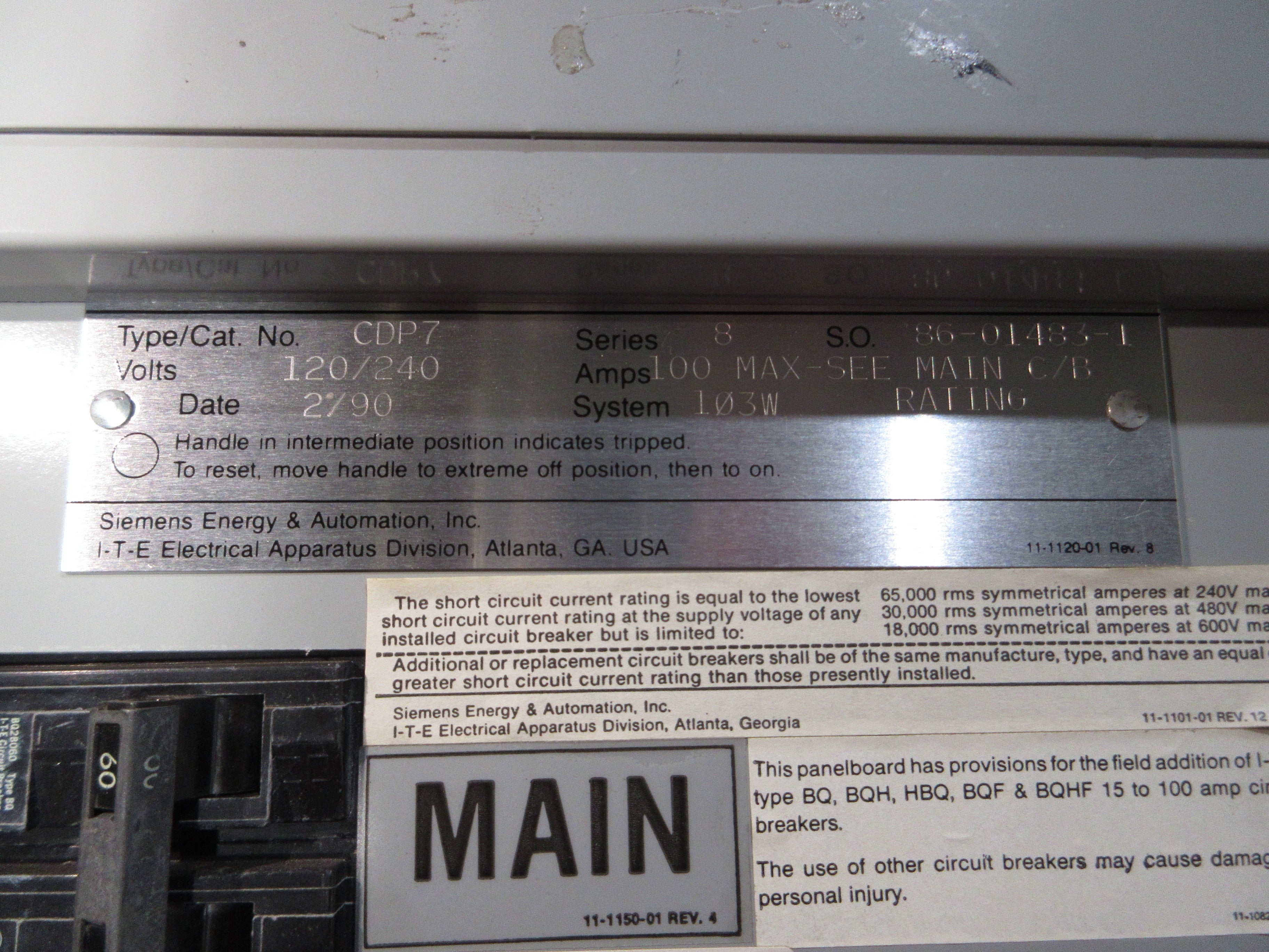 Siemens Main Breaker Circuit Breaker Panel CDP7 100A Max, 60A Main 120/240V 1Ph