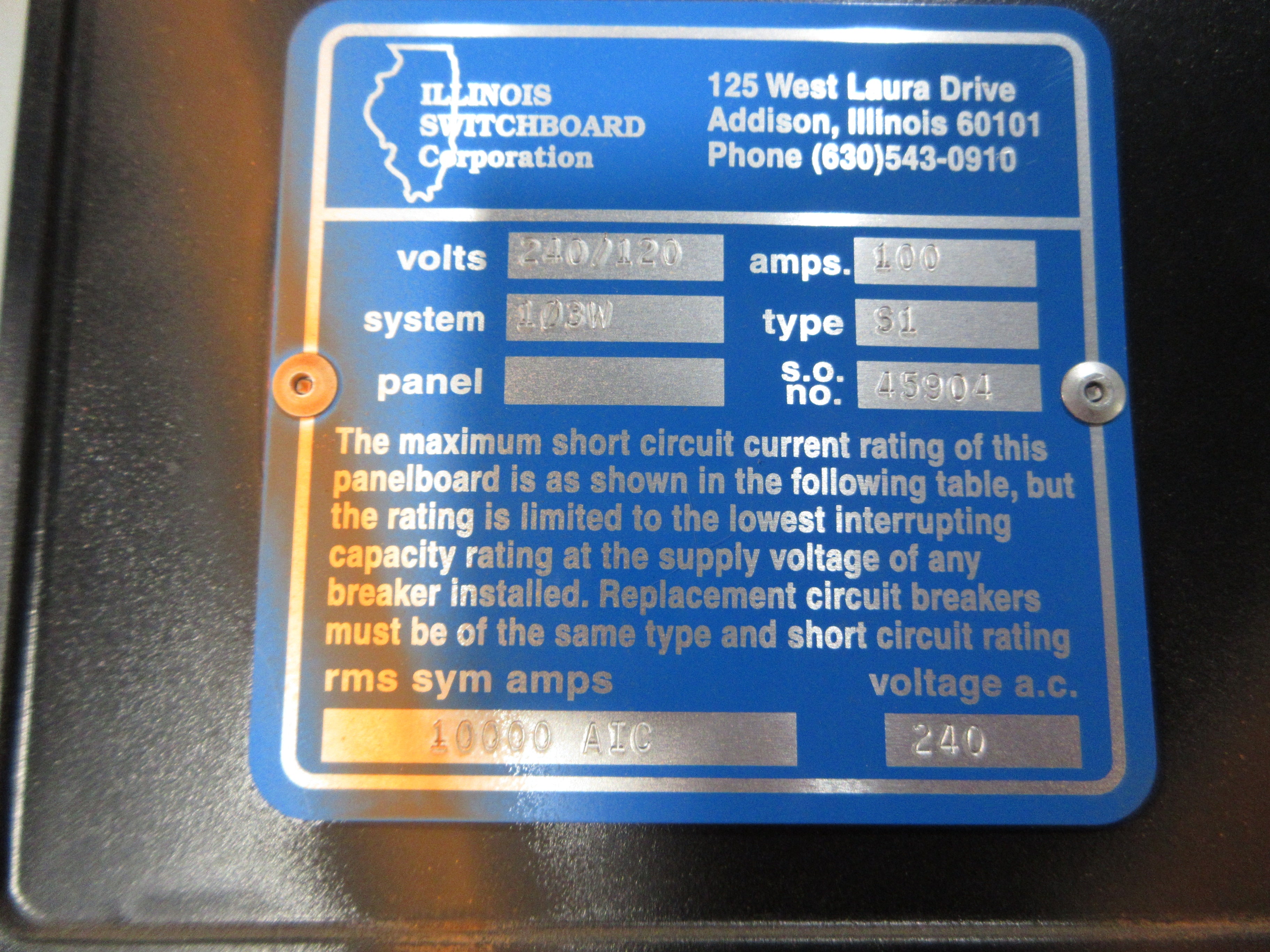 Illinois Switchboard Corporation Main Lug Breaker Panel S1 100A Max 240/120V 1Ph