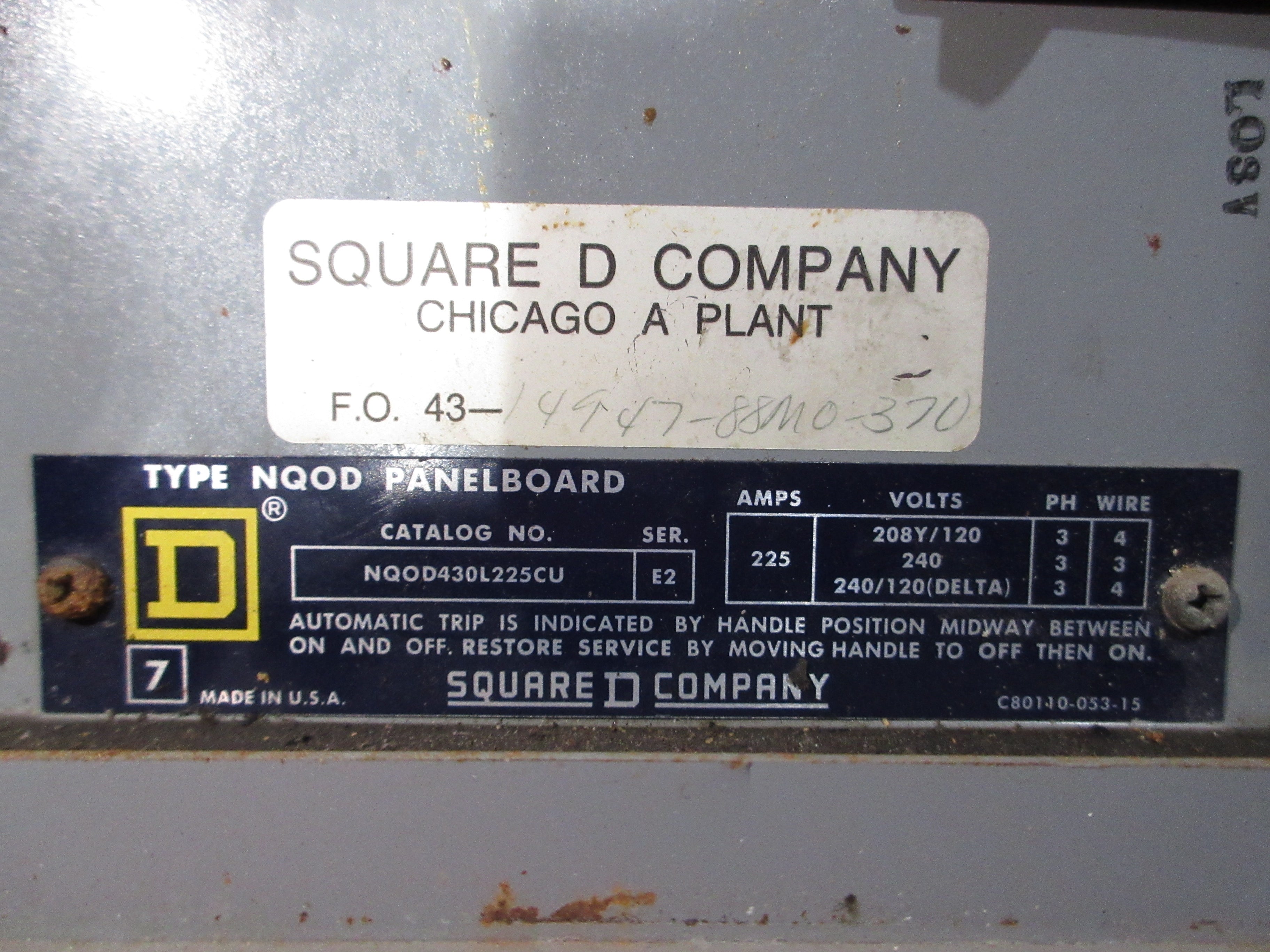 Square D Main Breaker Circuit Breaker Panel NQOD430L225CU 200A Main 208/120V 3Ph