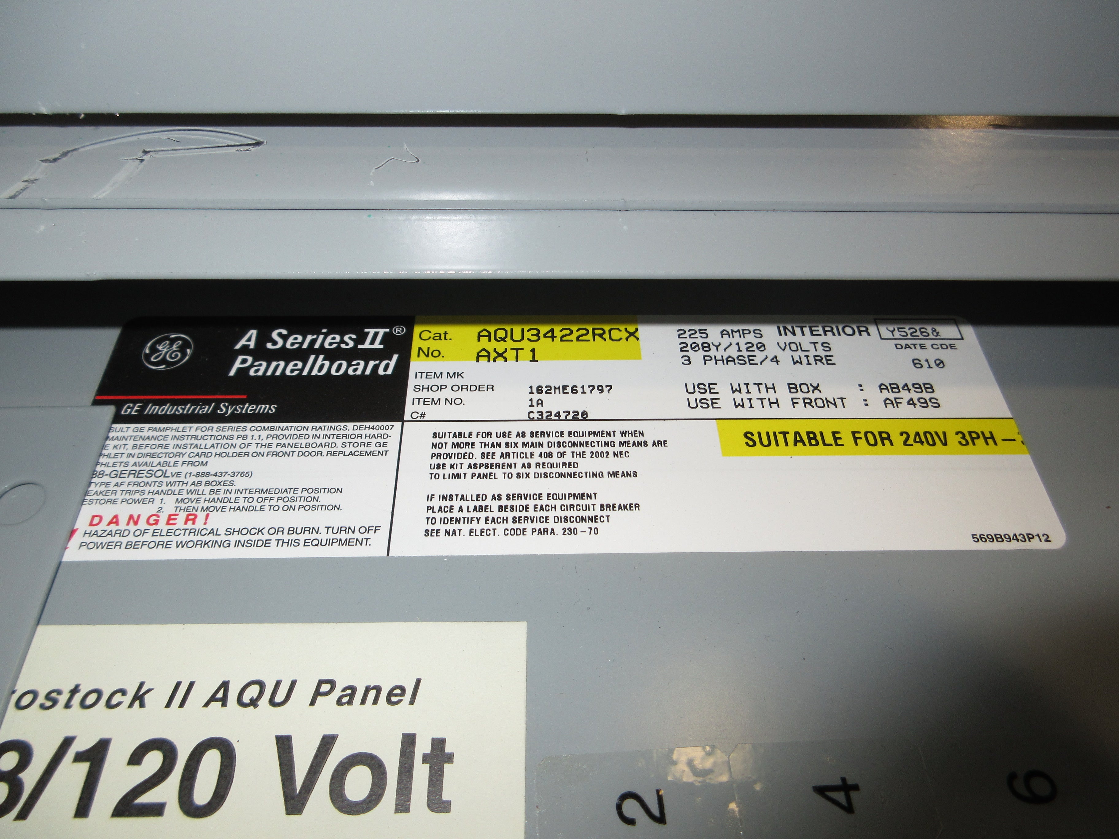 GE Main Lug Breaker Panel AQU3422RCX AXT1 225A Max 208/120V 3Ph 4W 42-Slot Used