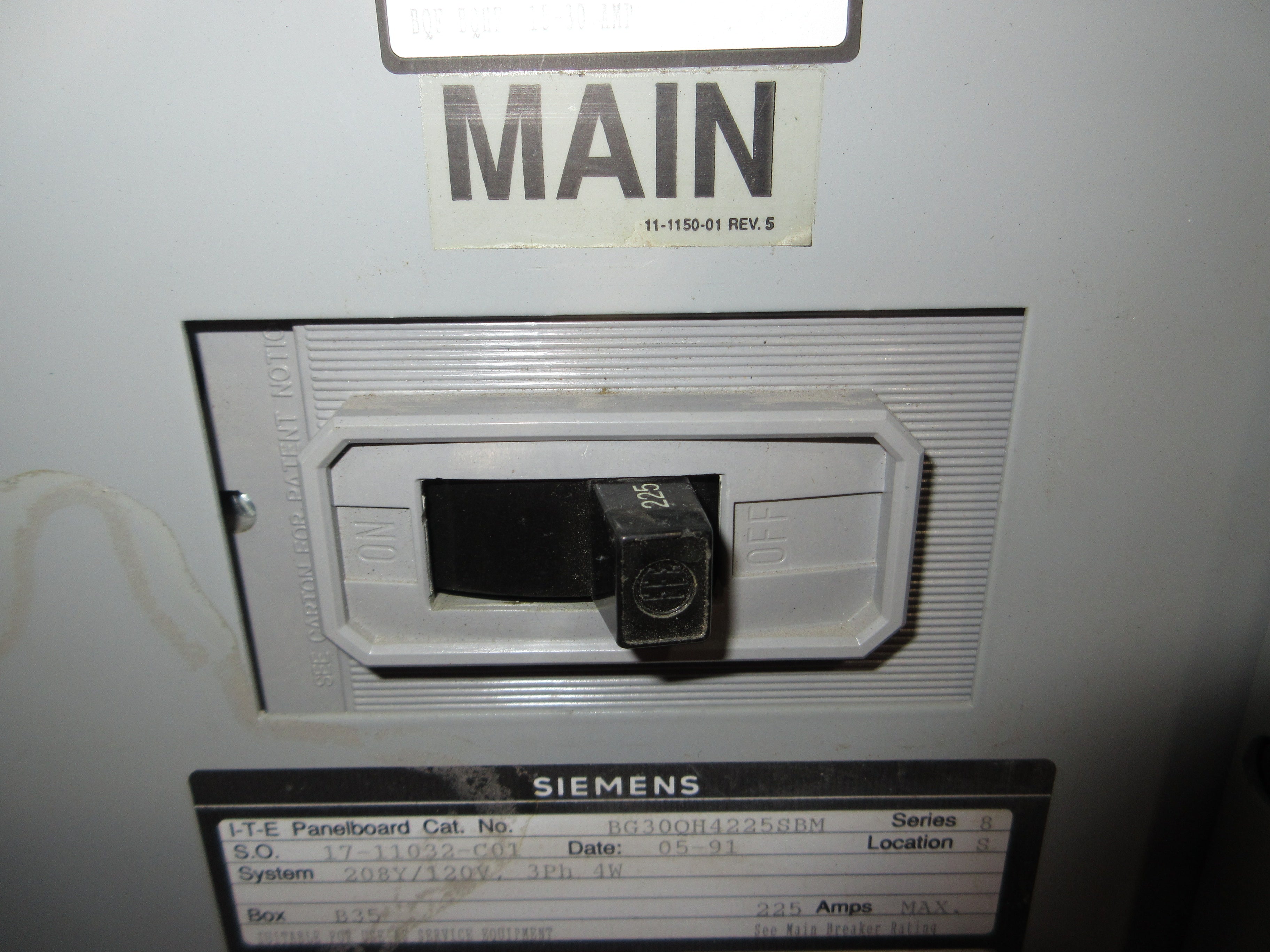 Siemens Main Breaker Circuit Breaker Panel BG300H4225SBM 225A Max 208Y/120V Used