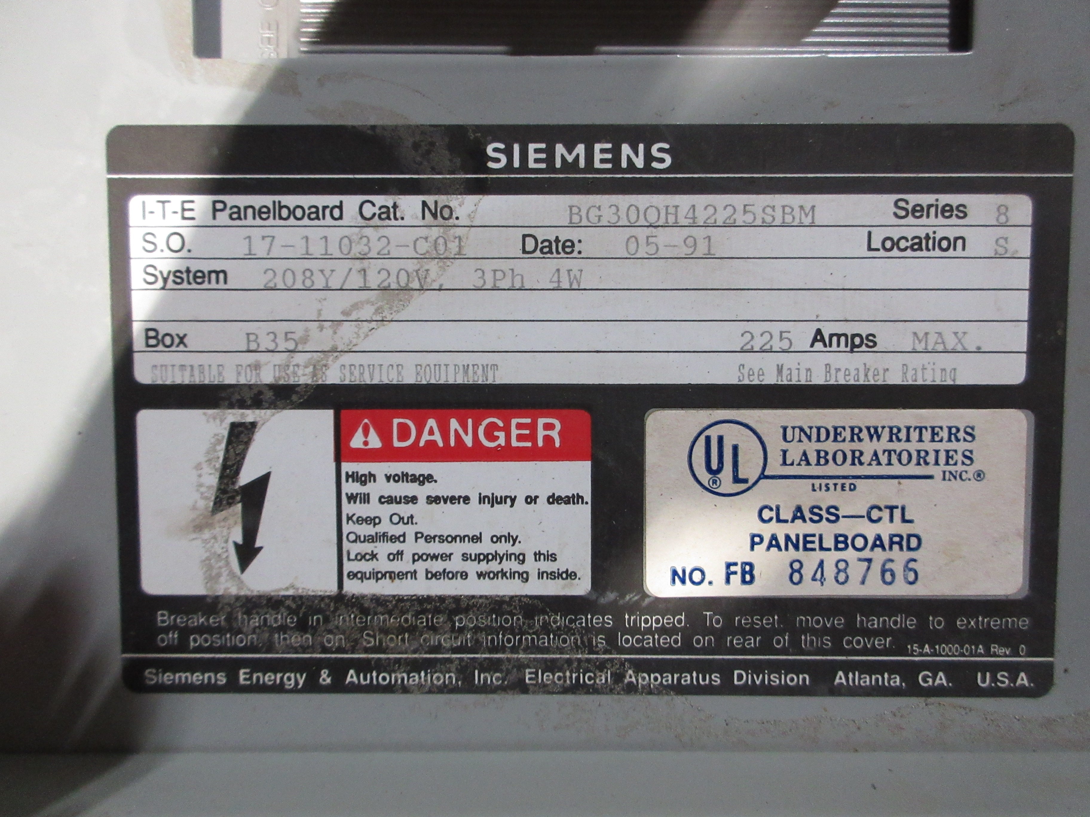 Siemens Main Breaker Circuit Breaker Panel BG300H4225SBM 225A Max 208Y/120V Used