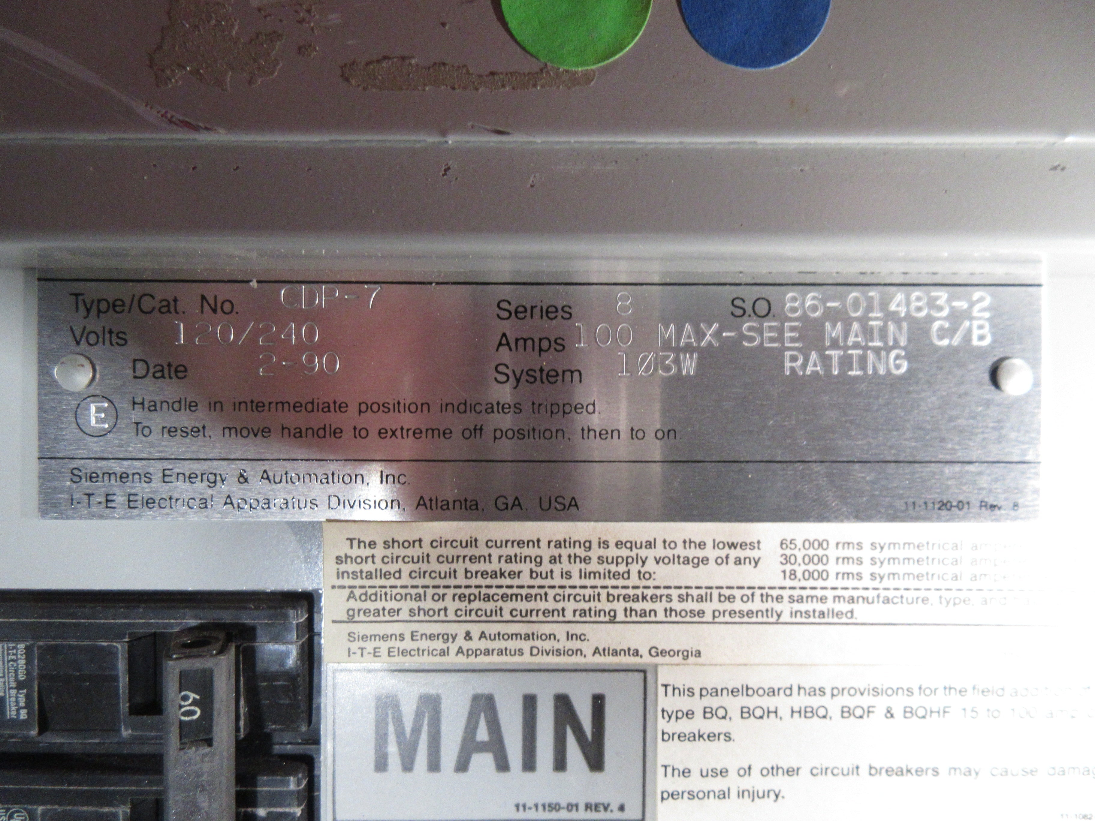 Siemens Main Breaker Circuit Breaker Panel CDP-7 100A Max 120/240V 60A Main Used