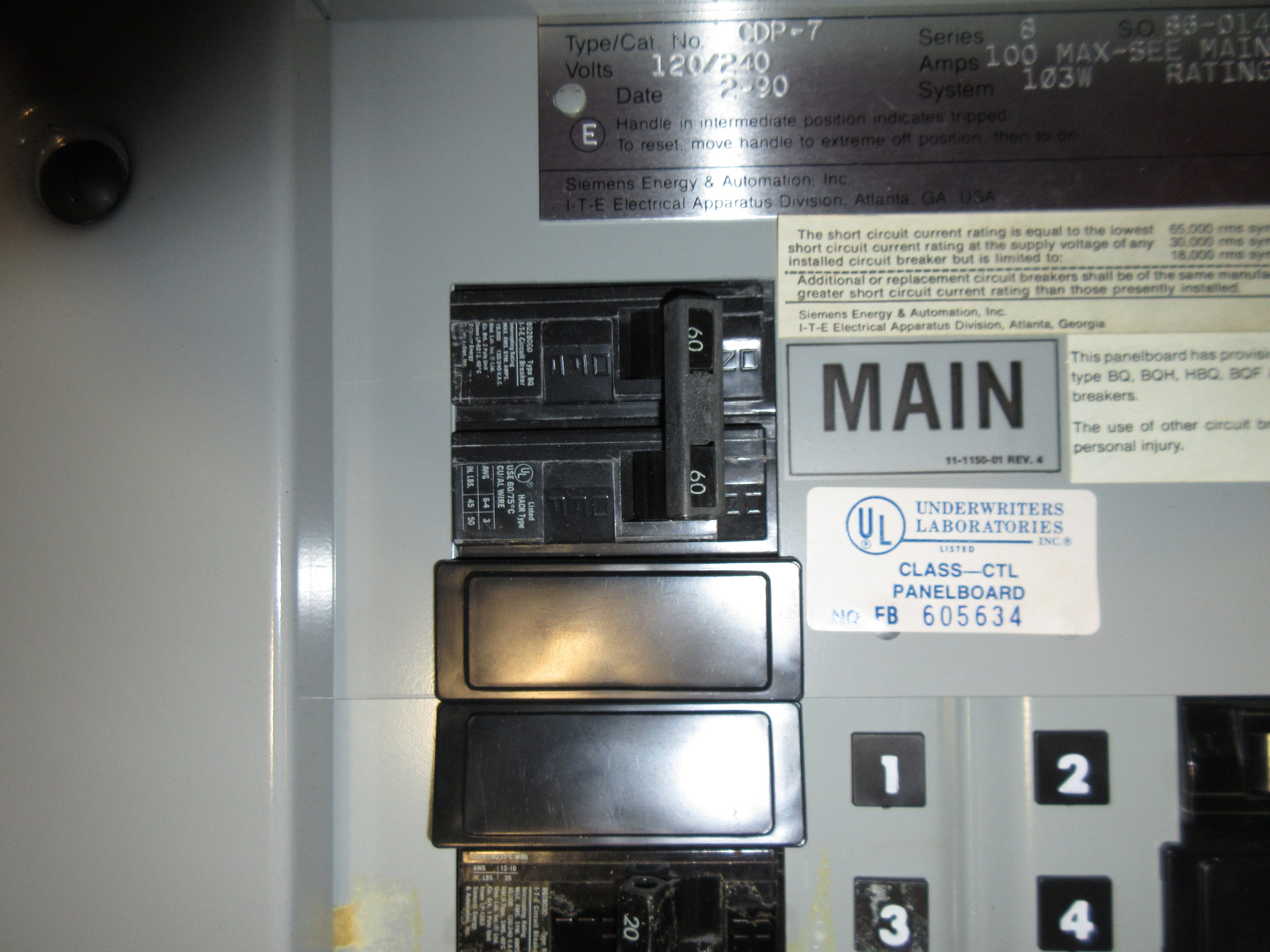 Siemens Main Breaker Circuit Breaker Panel CDP-7 100A Max 120/240V 60A Main Used