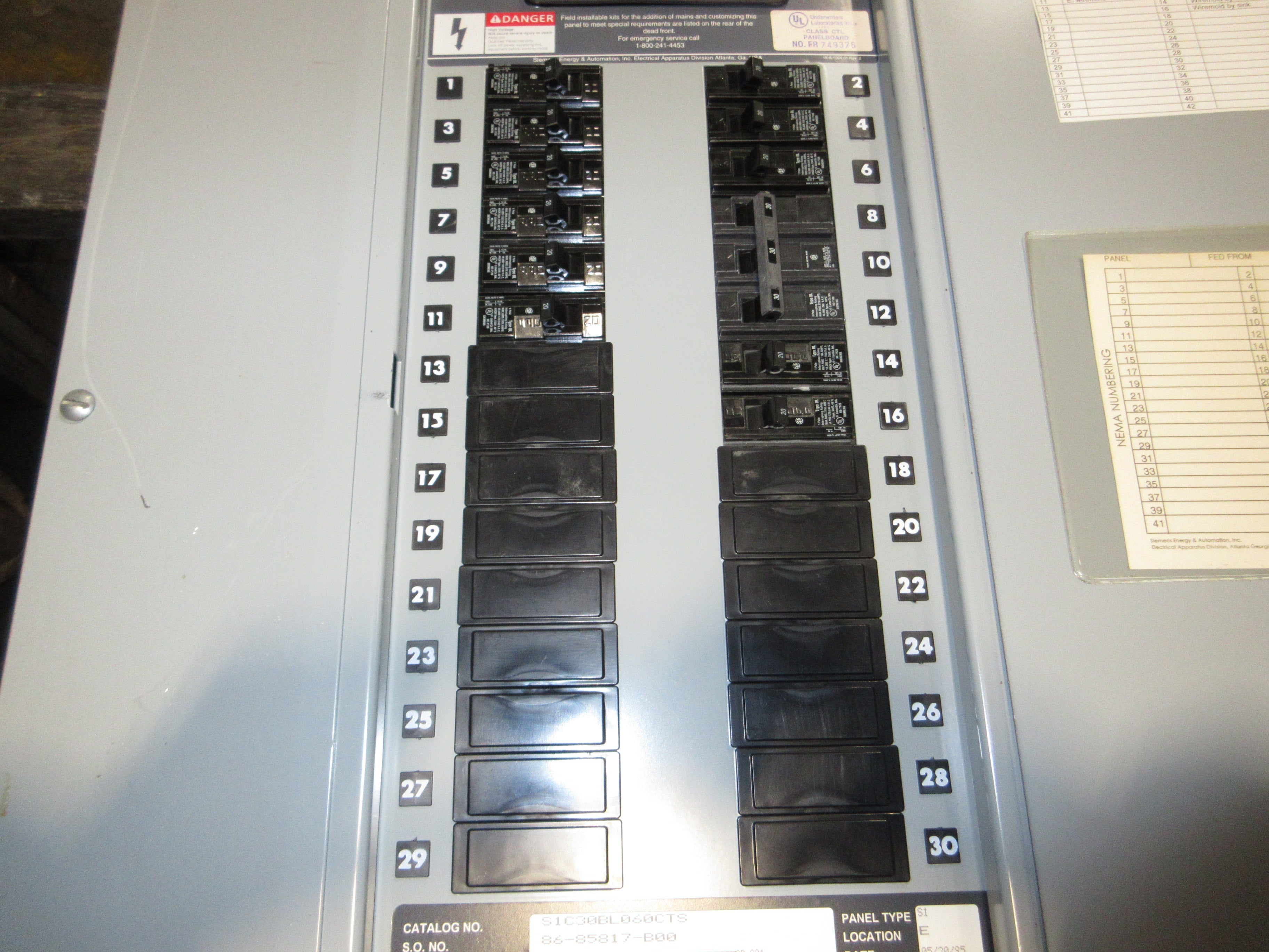 Siemens Main Breaker Circuit Breaker Panel S1C30BL060CTS 250A Max 208Y/120V Used