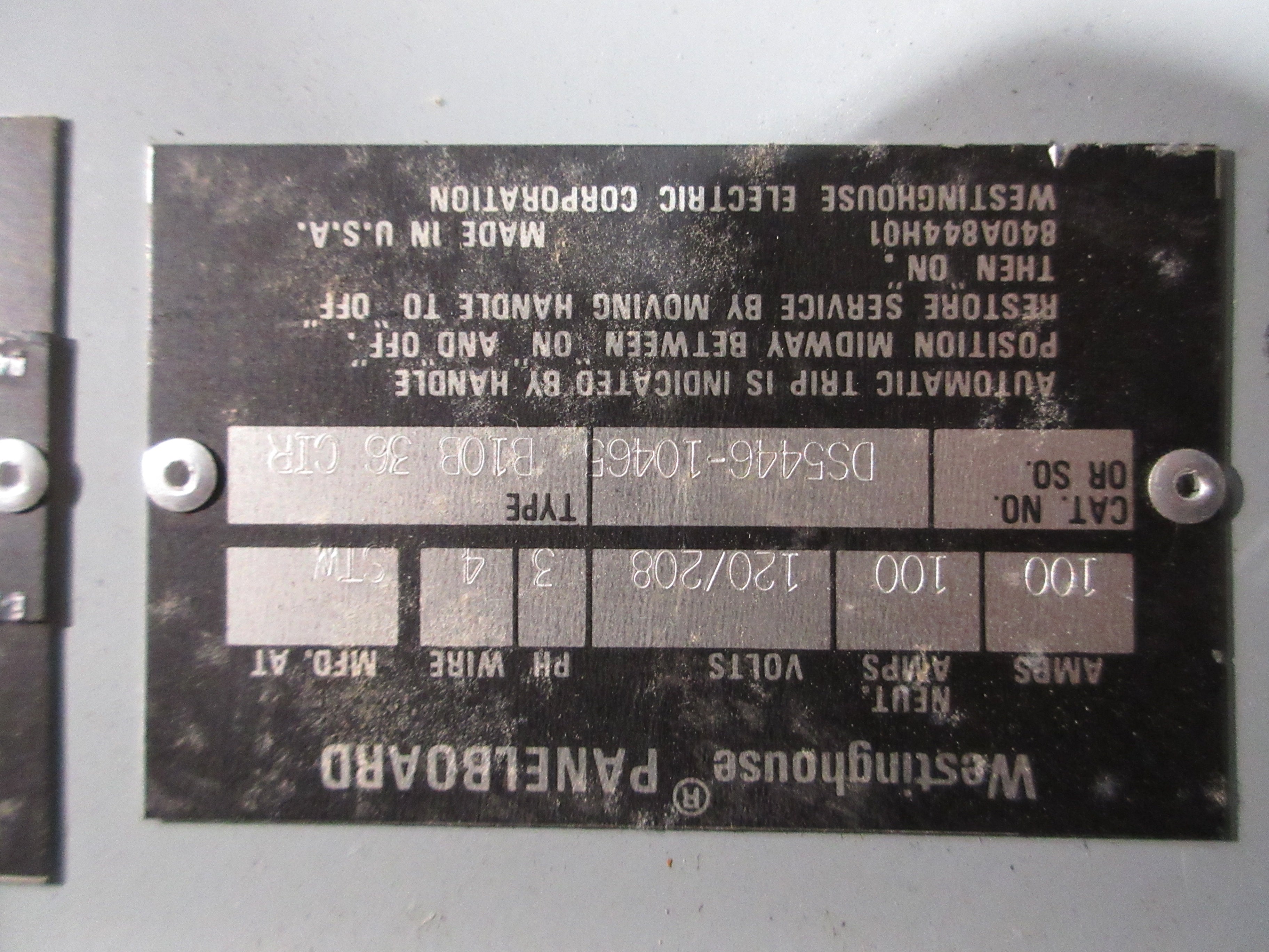Westinghouse Main Lug Breaker Panel DS5446-10465 100A Max 120/208V 3Ph 4W Used