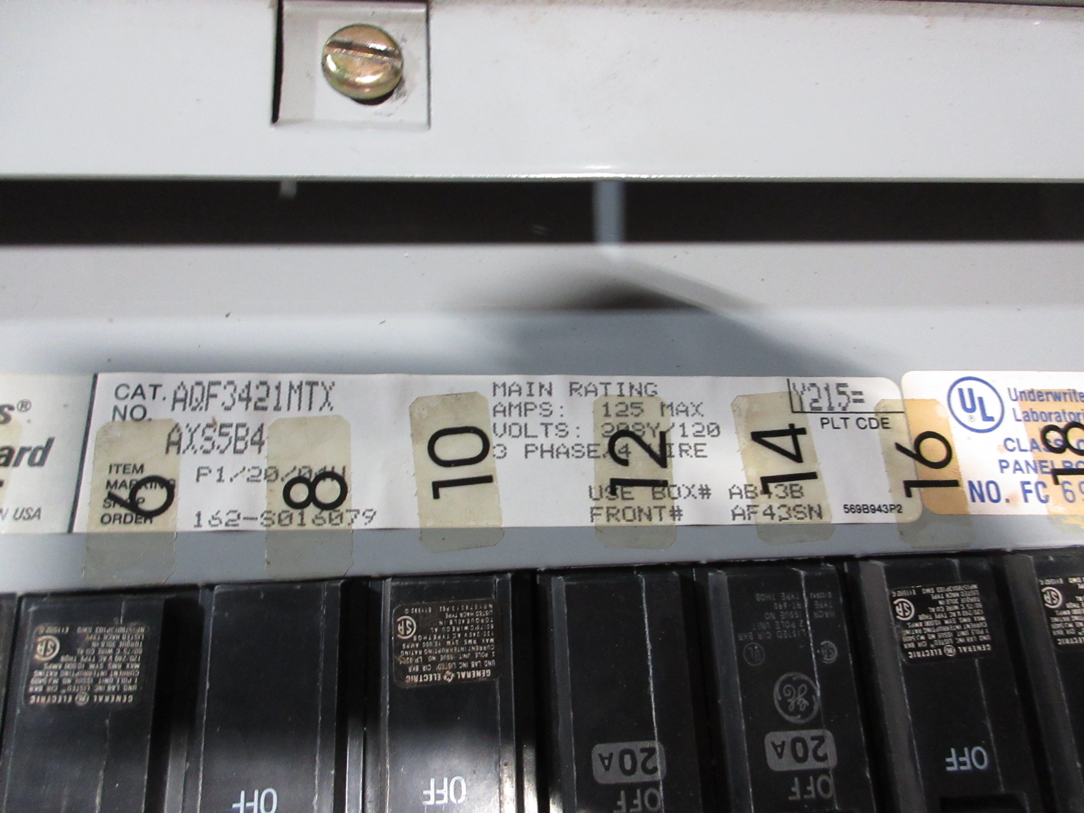 GE Main Lug Breaker Panel AQF3421MTX AXS5B4 125A Max 208Y/120V 3Ph 4W 42-Slot