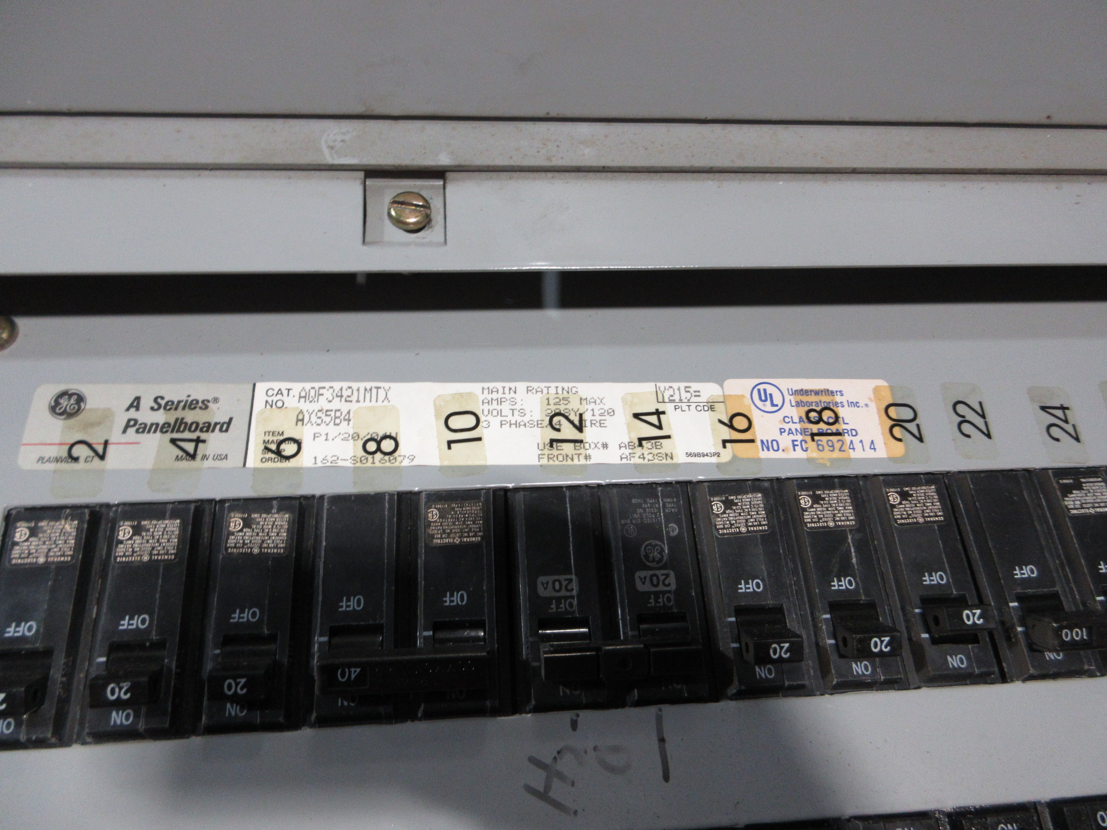 GE Main Lug Breaker Panel AQF3421MTX AXS5B4 125A Max 208Y/120V 3Ph 4W 42-Slot