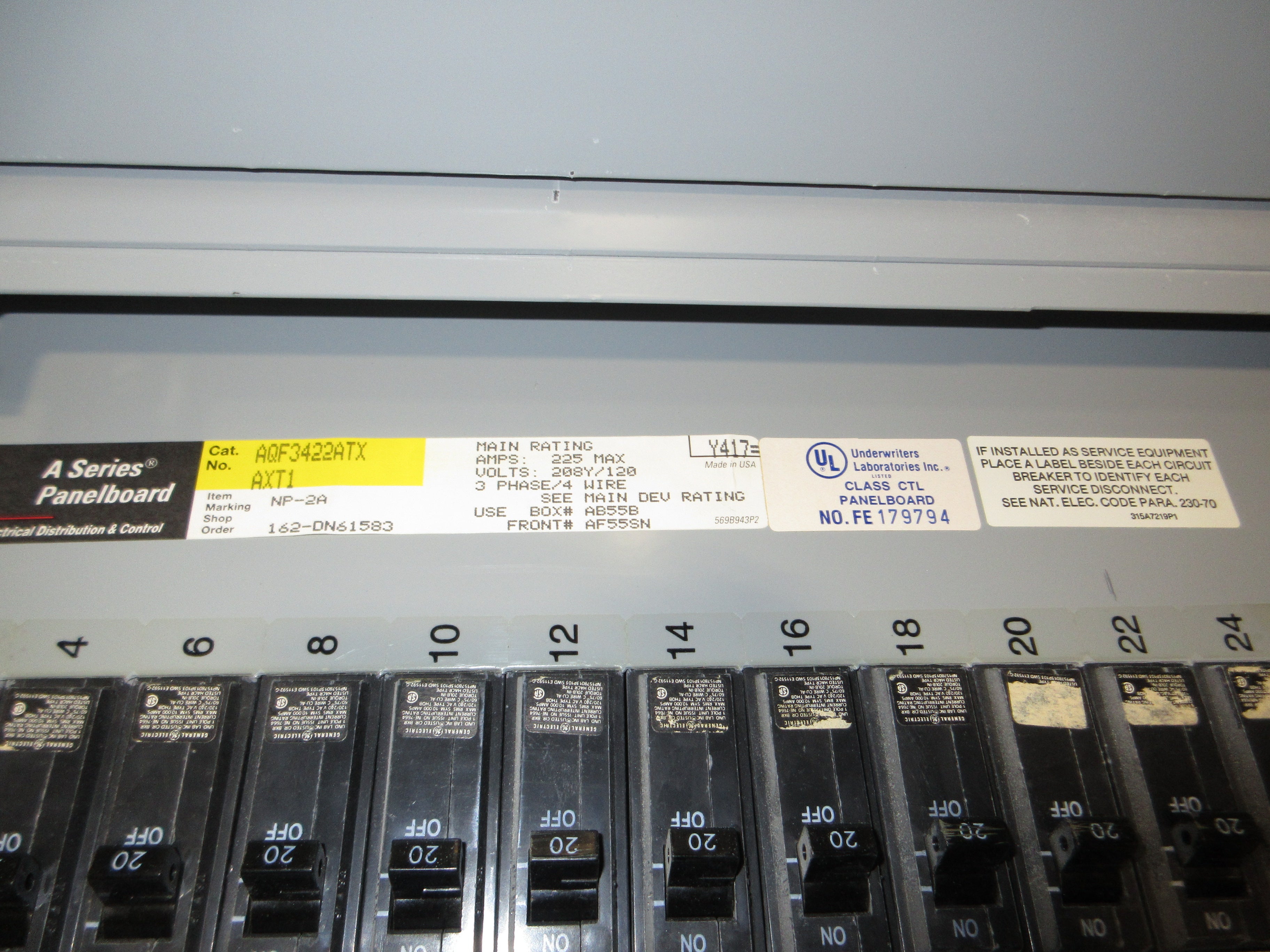 GE Main Breaker Circuit Breaker Panel AQF3422ATX AXT1 125A Main 225A Max 3Ph 4W