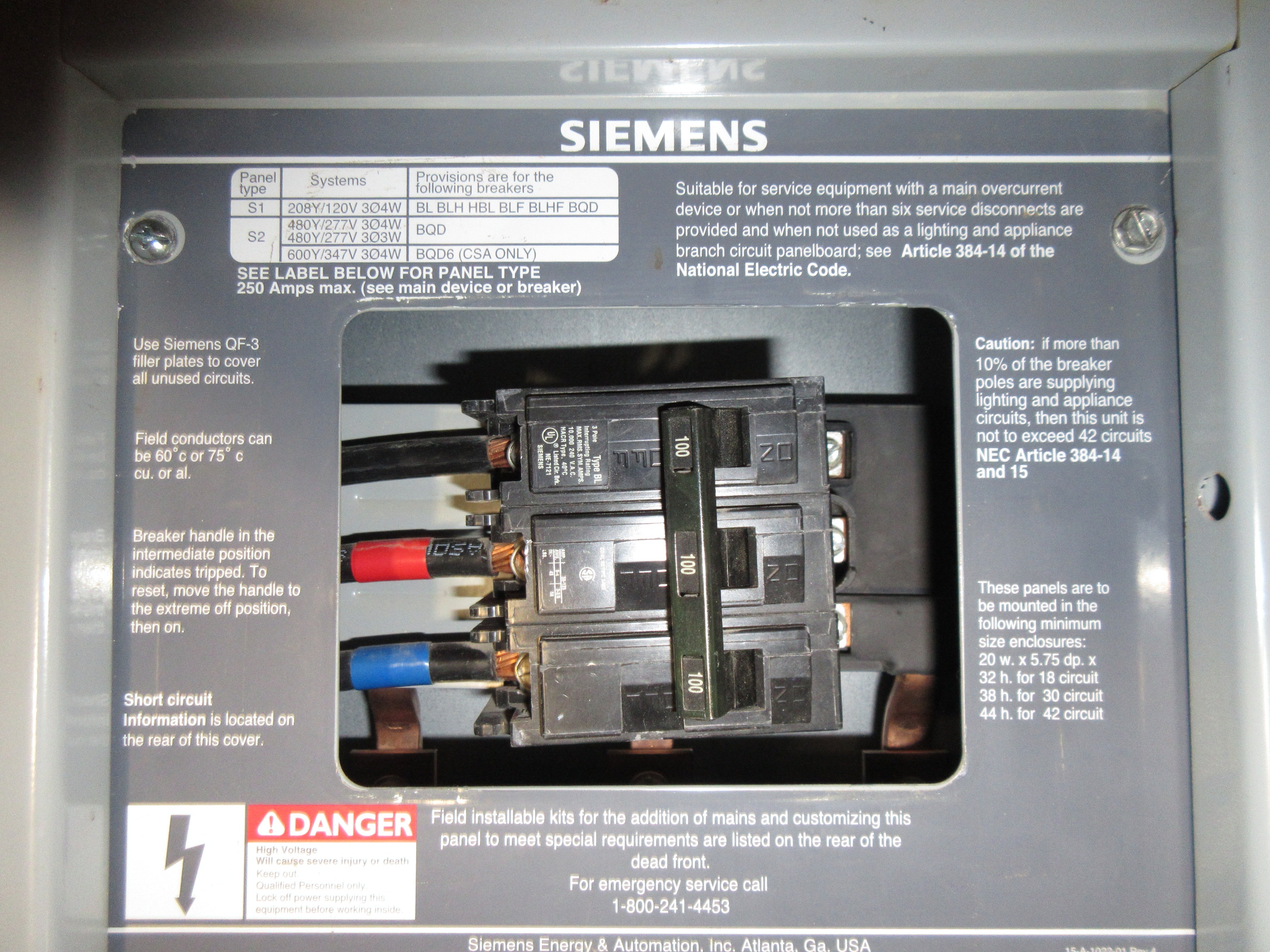 Siemens Main Breaker Circuit Breaker Panel I1X18MC250C 100A Main 250A Max 3Ph 4W