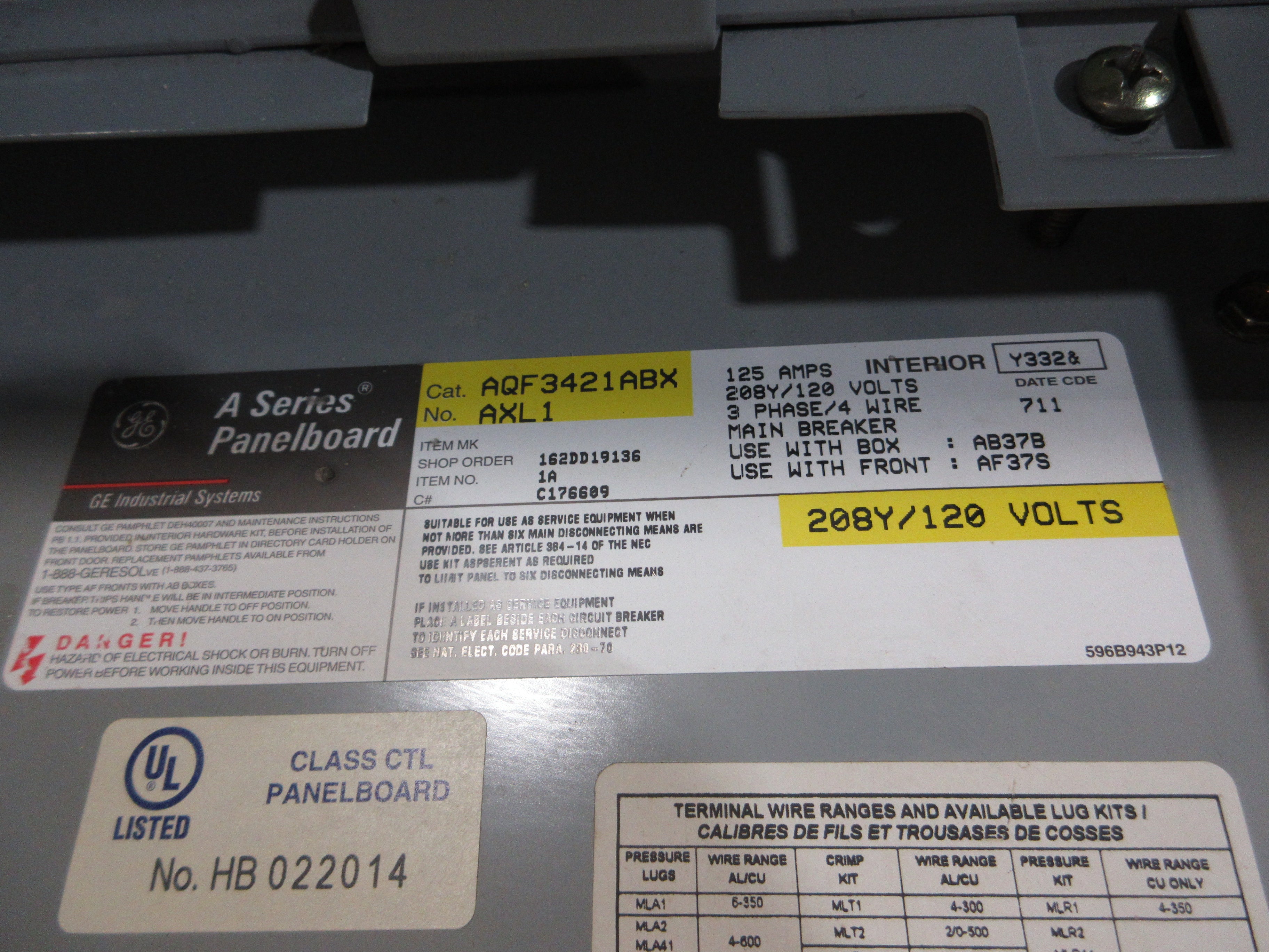 GE Main Breaker Circuit Breaker Panel AQF3421ABX AXL1 100A Main 125A Max 3Ph 4W