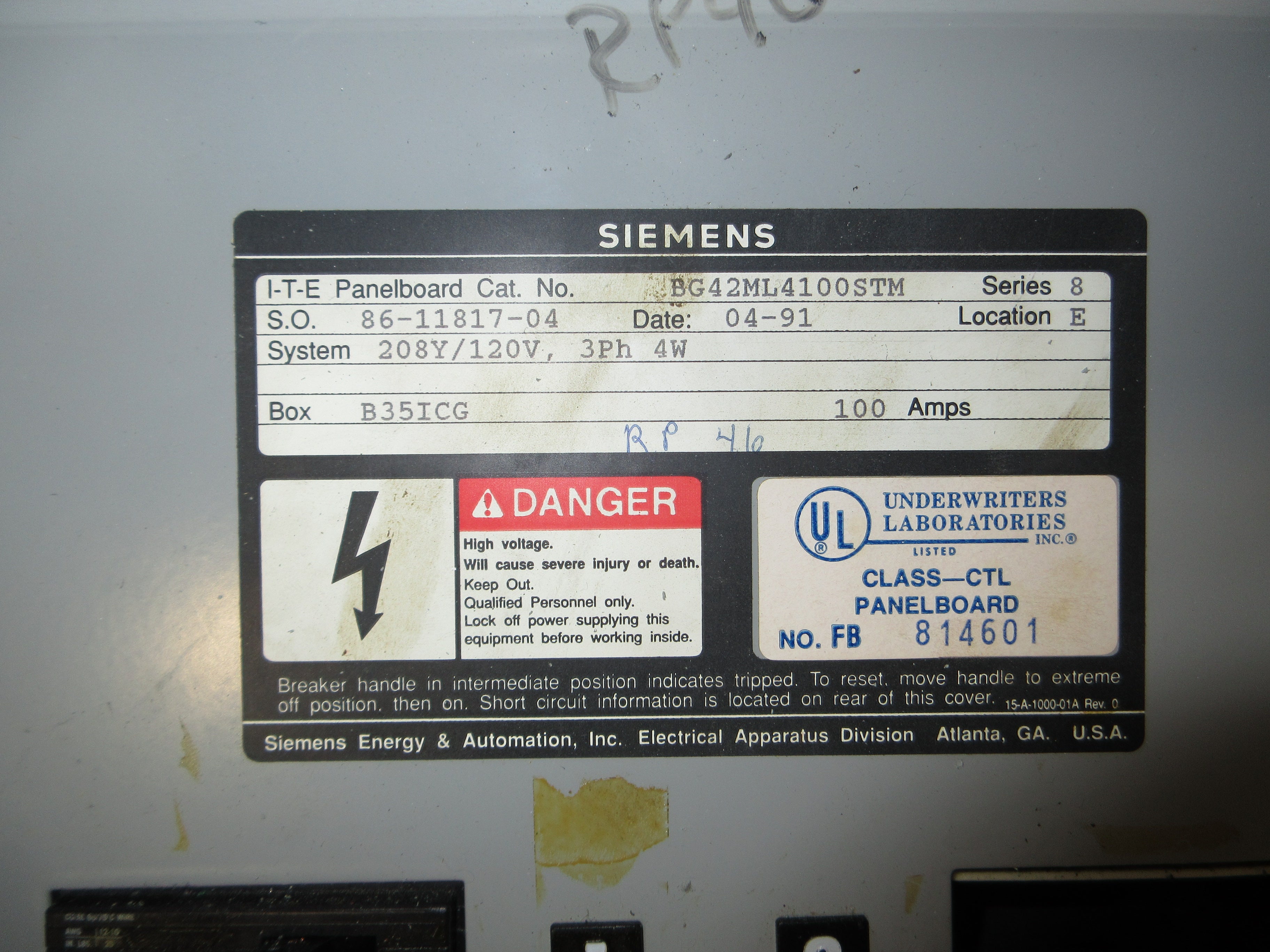 Siemens Main Lug Breaker Panel BG42ML4100STM 100A Max 208Y/120V 3Ph 4W 42-Slot
