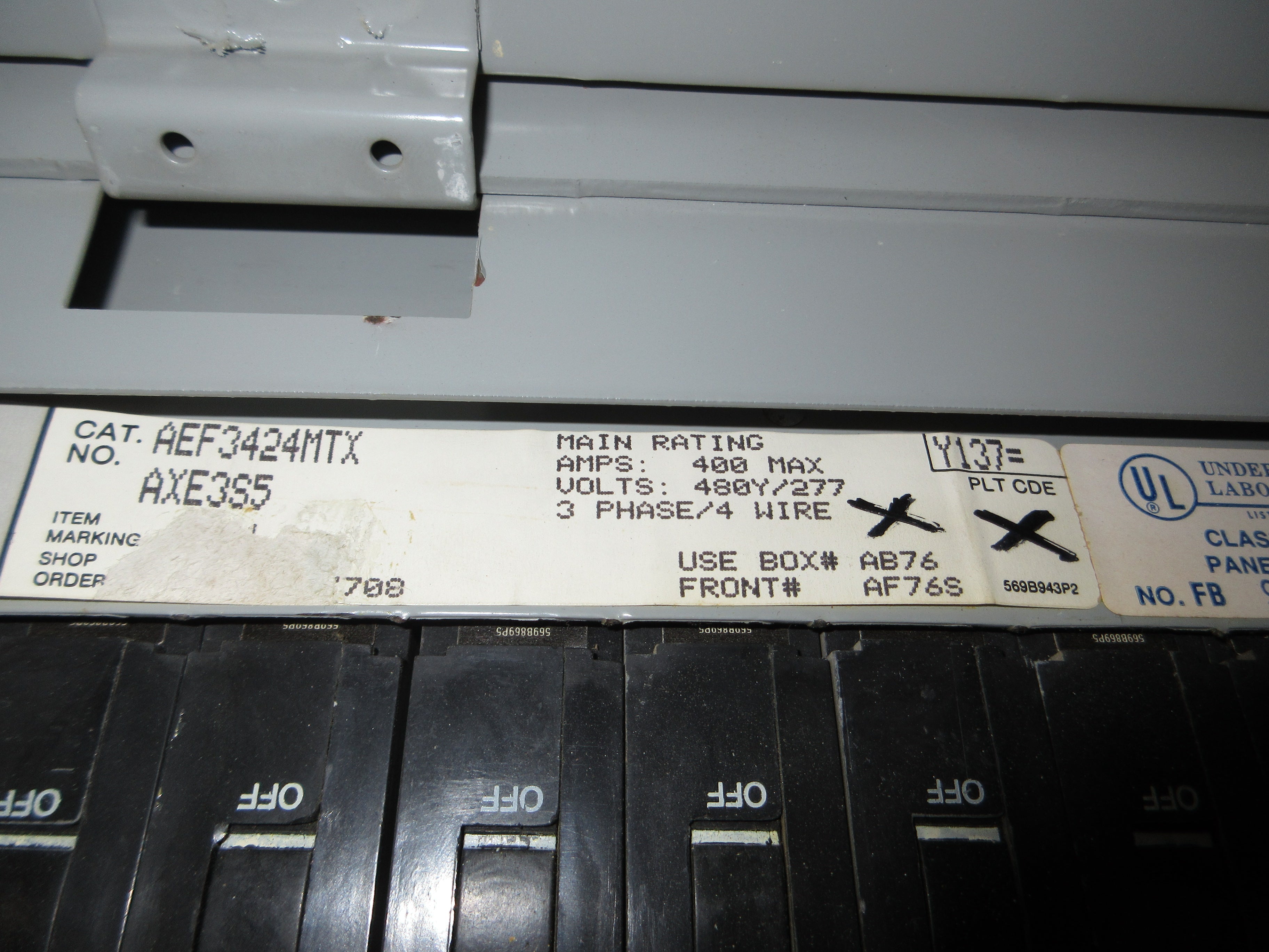 GE Main Breaker Circuit Breaker Panel AEF3424MTX AXE3S5 400A Max 480Y/277 Used