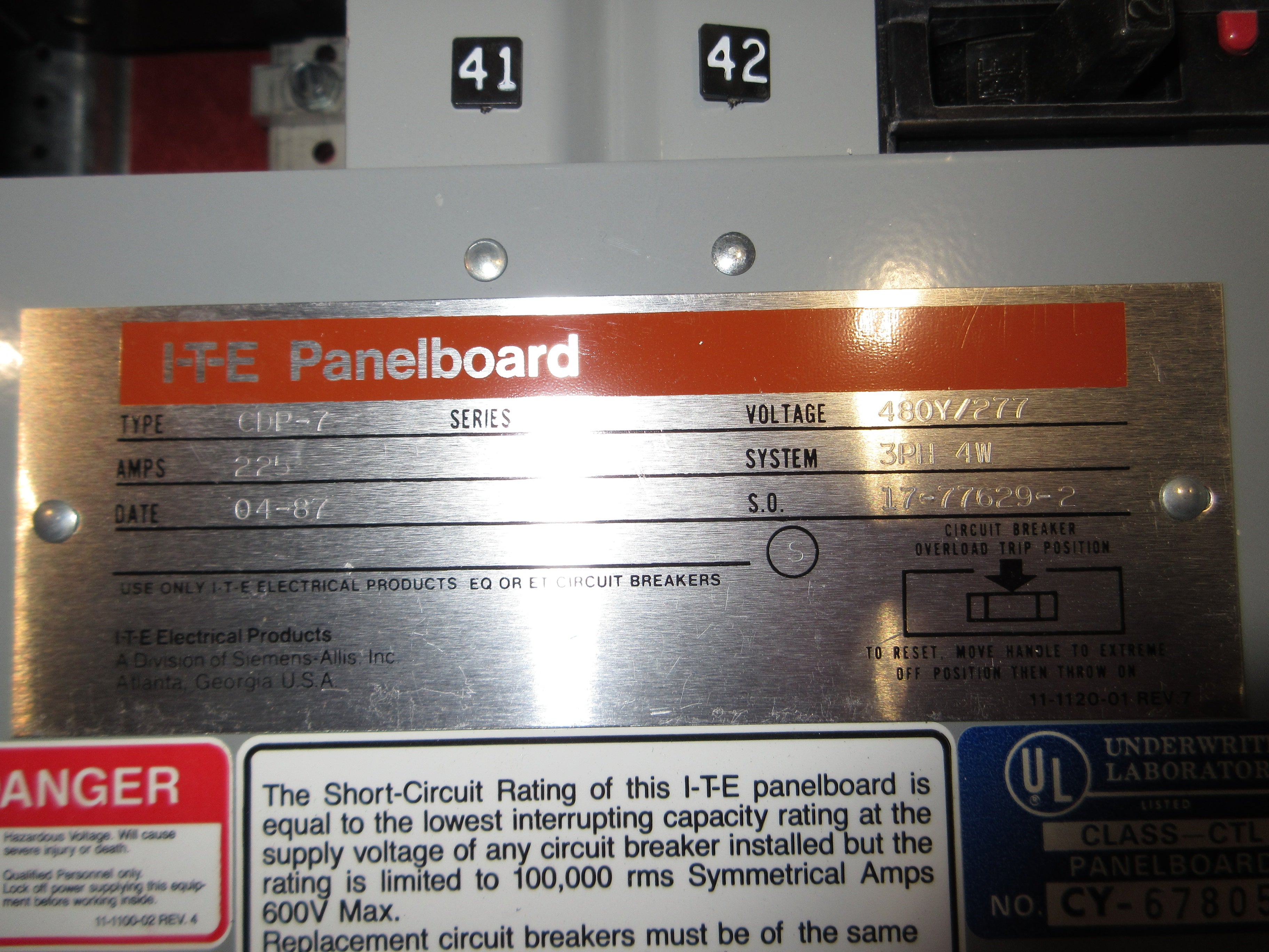 ITE Main Lug Breaker Panel CDP-7 225A Max 480Y/277V 3Ph 4W 42-Slot Used