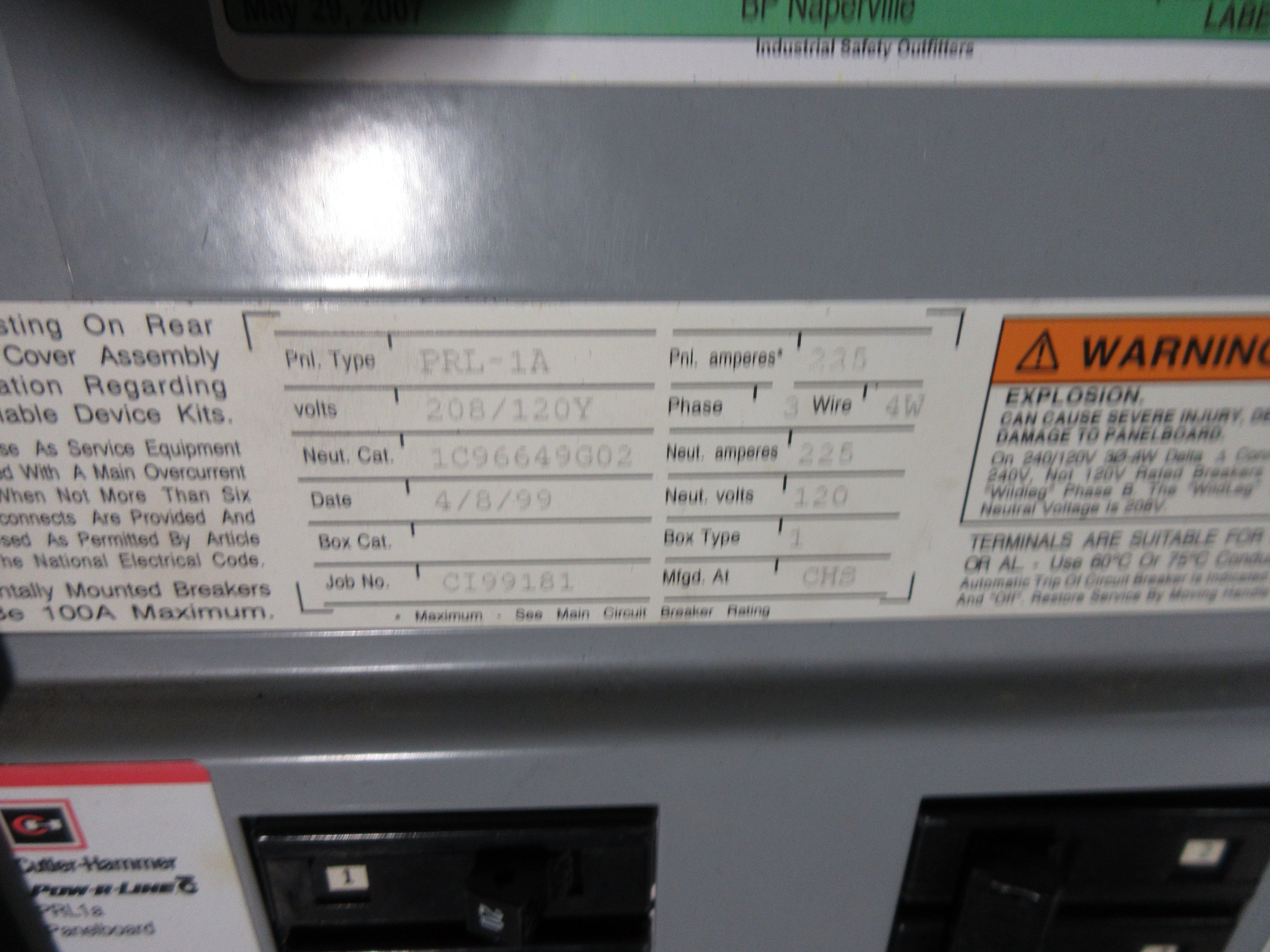 Cutler-Hammer Main Lug Breaker Panel 1C96649G02 225A Max 208/120V 3Ph 4W Used