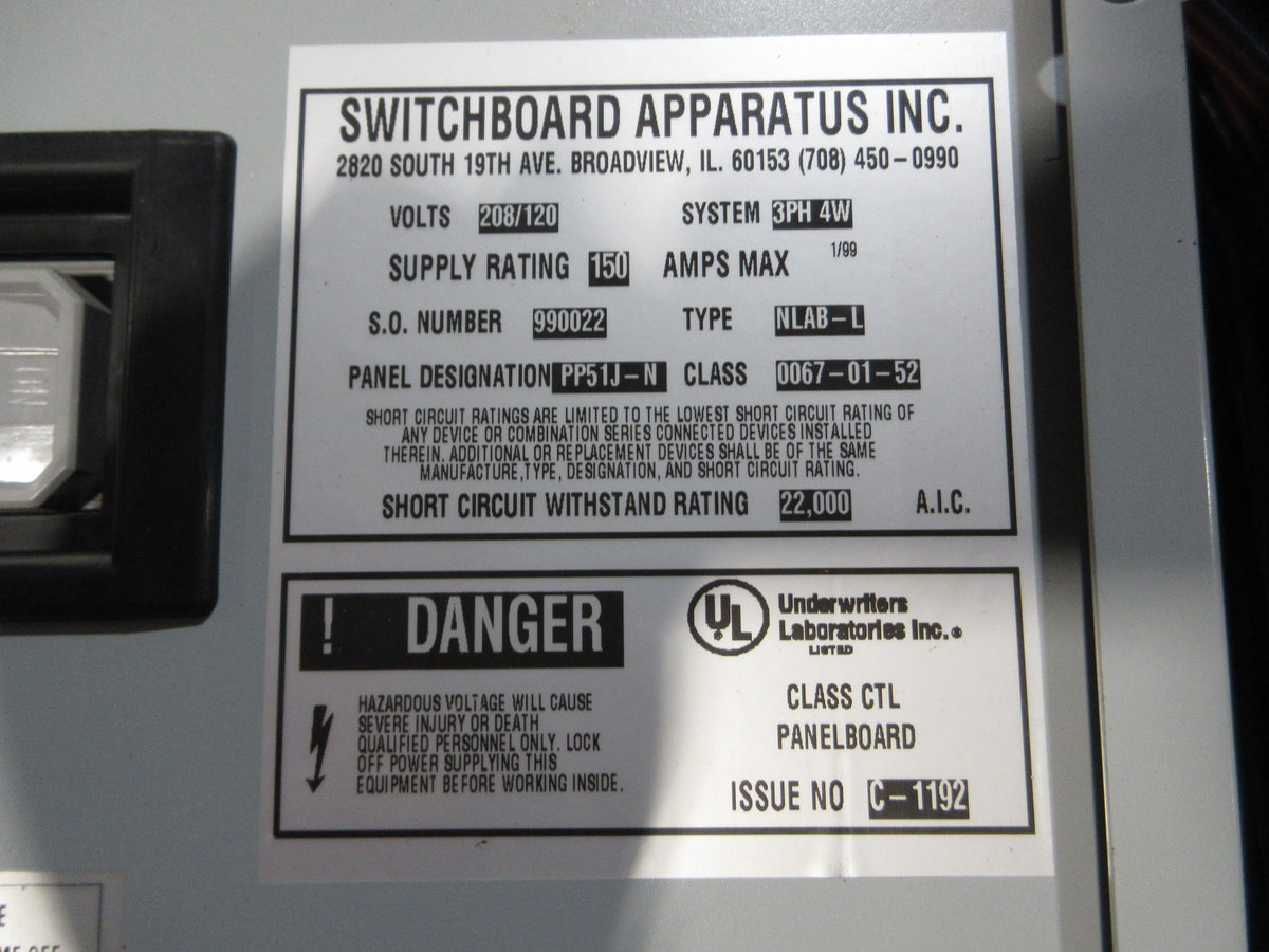 Switchboard Apparatus Inc. Main Breaker Circuit Breaker Panel PP51J-N 150A Max