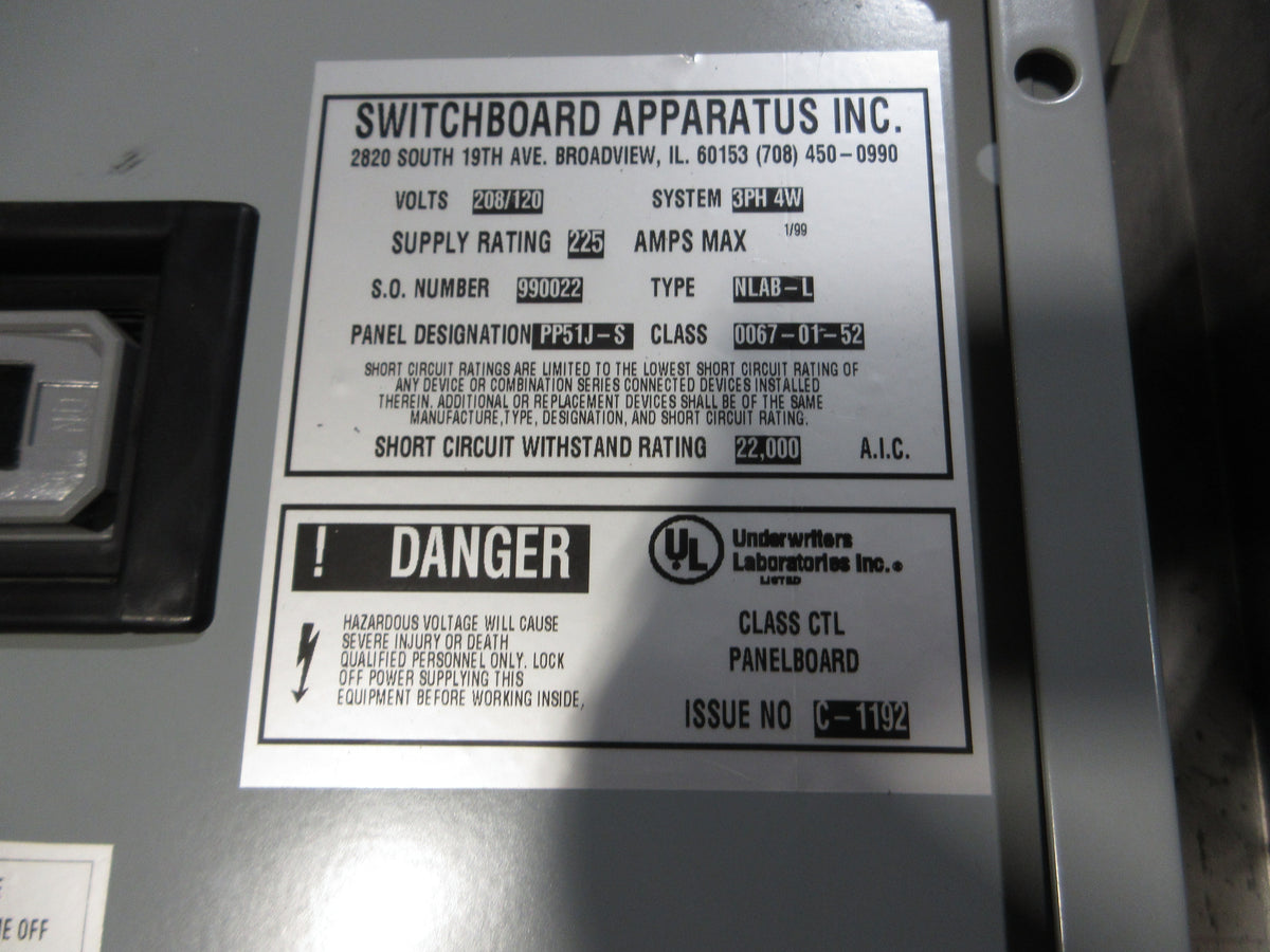 Switchboard Apparatus Inc. Main Breaker Circuit Breaker Panel PP51J-S 225A Max