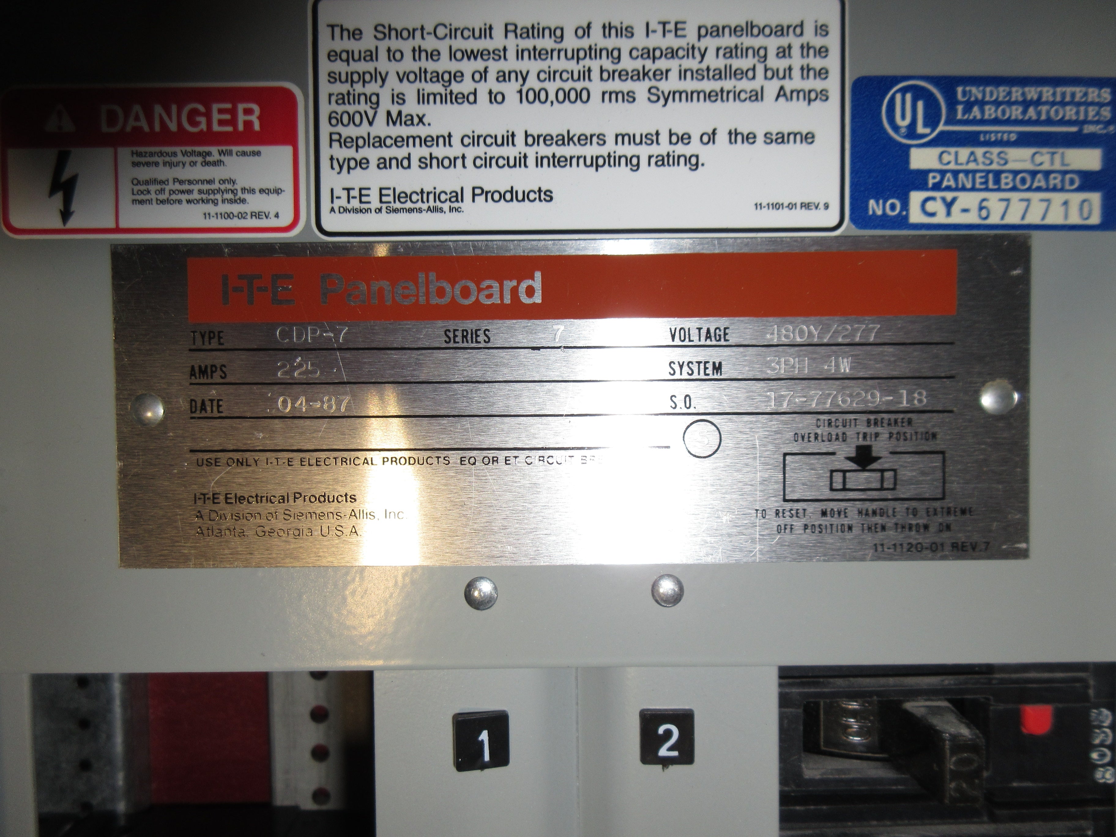 ITE Main Lug Breaker Panel CDP-7 225A Max 480Y/277V 3Ph 4W 42-Slot Used