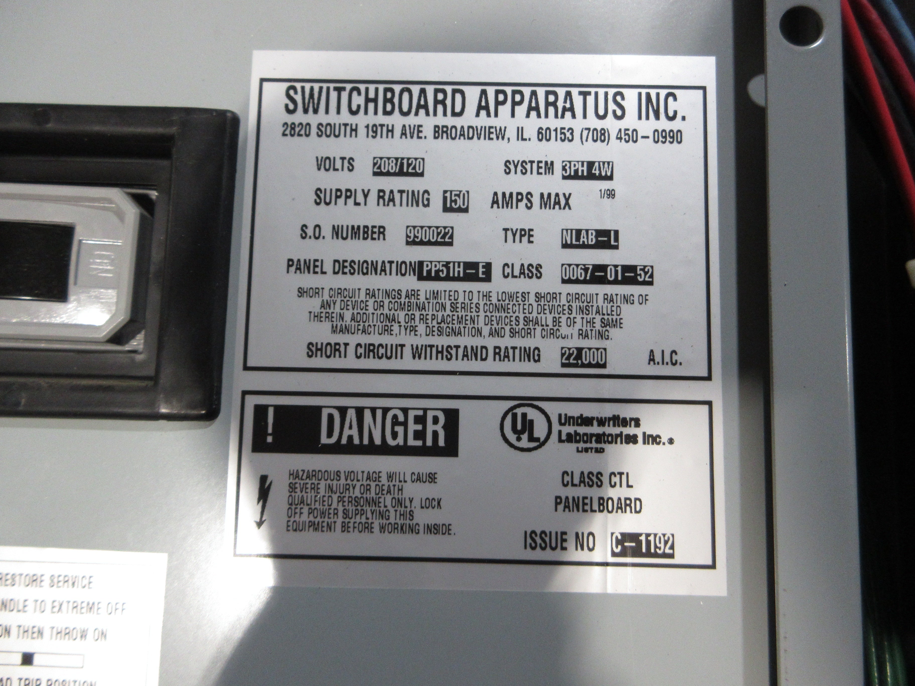 Switchboard Apparatus Inc. Main Breaker Circuit Breaker Panel PP51H-E 150A Max