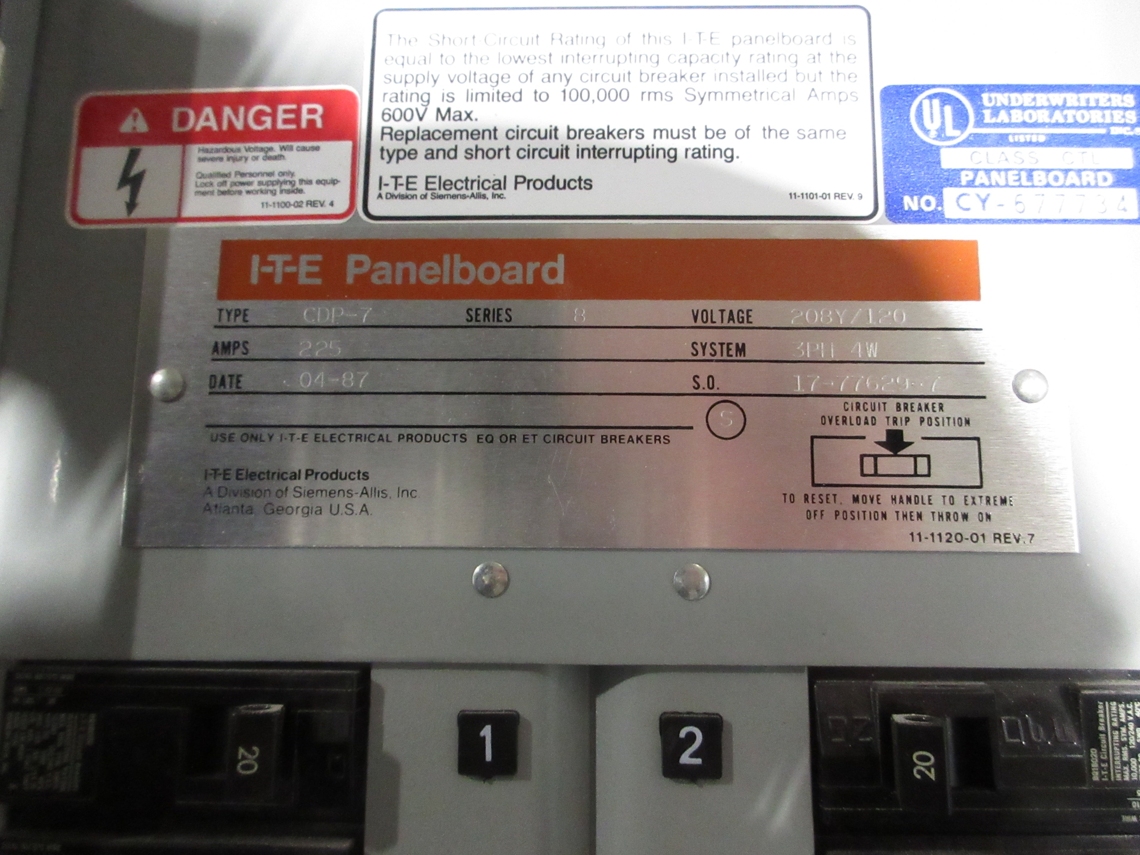 ITE Main Lug Breaker Panel CDP-7 225A Max 208Y/120 3Ph 4W Used