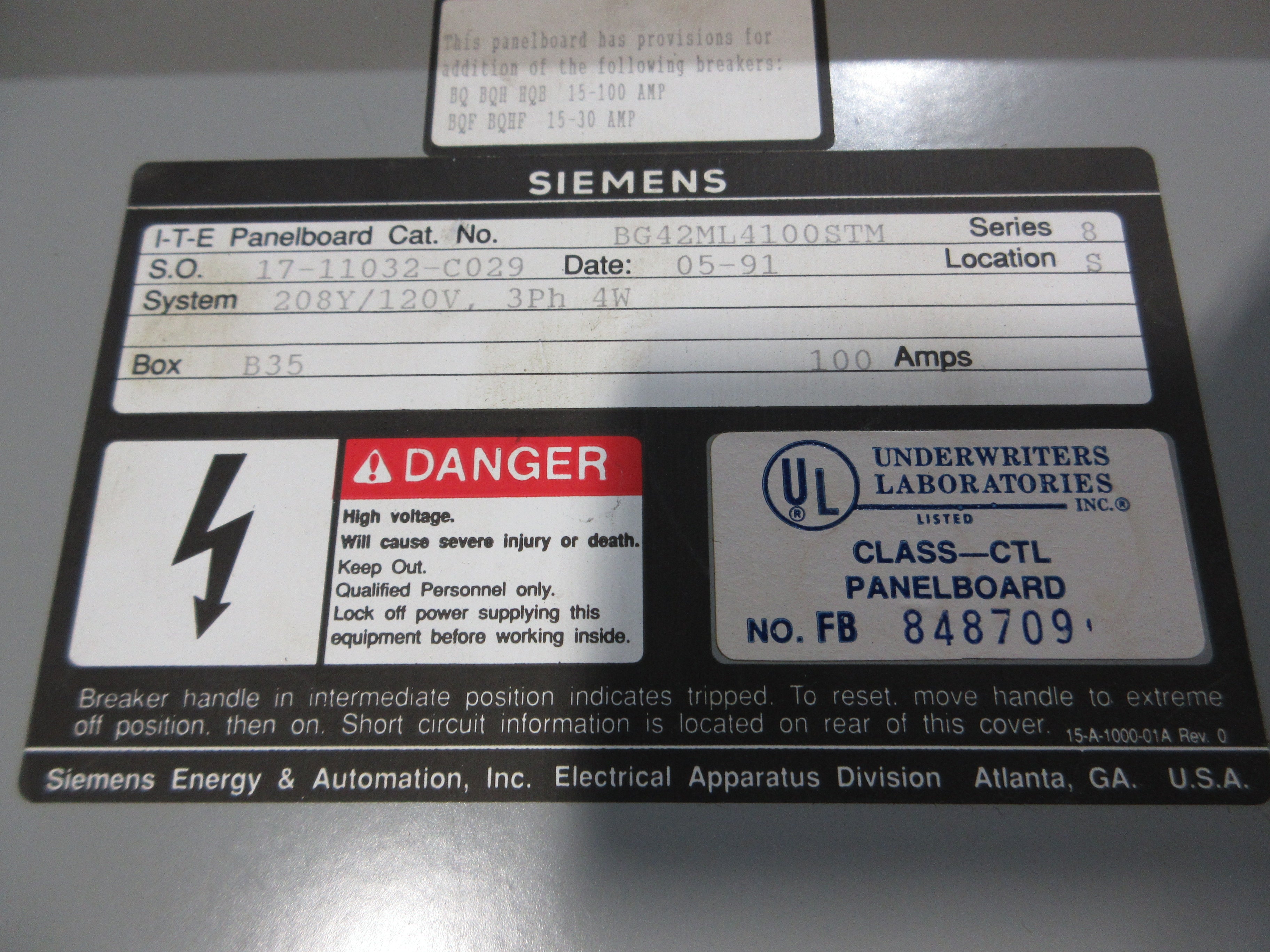 Siemens Main Lug Breaker Panel BG42ML4100STM 100A Max 208Y/120V 3Ph 4W Used