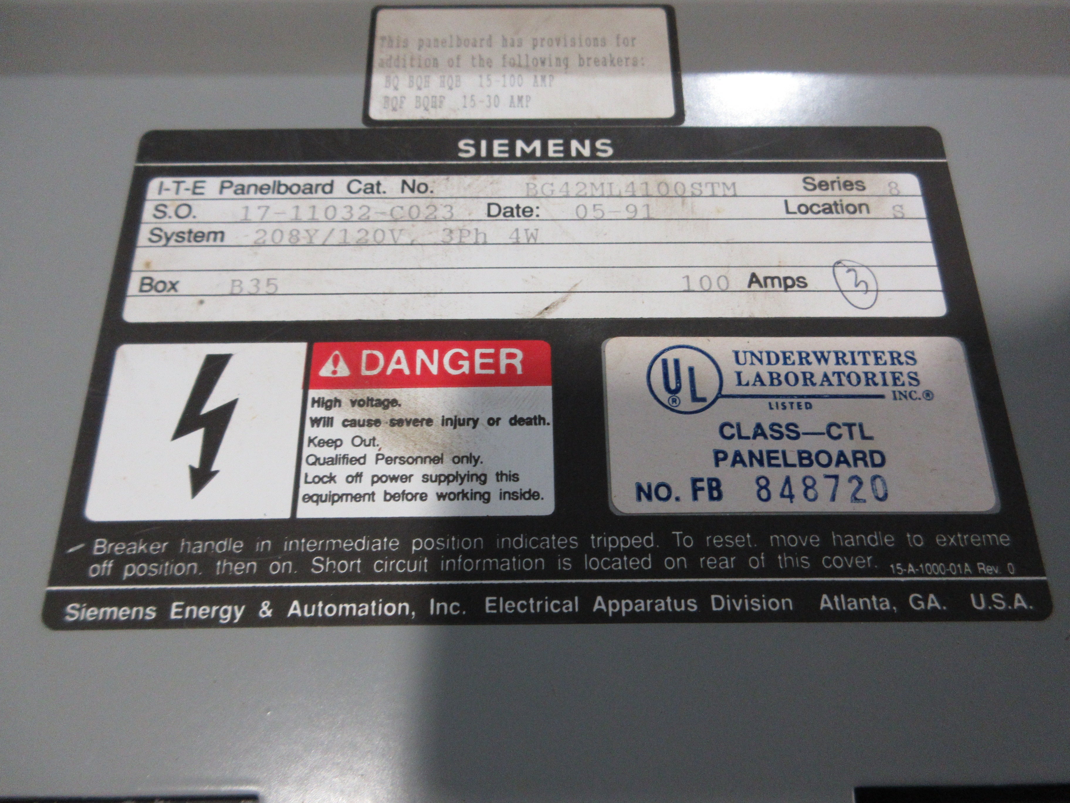Siemens Main Lug Breaker Panel BG42ML4100STM 100A Max 208Y/120V 3Ph 4W Used