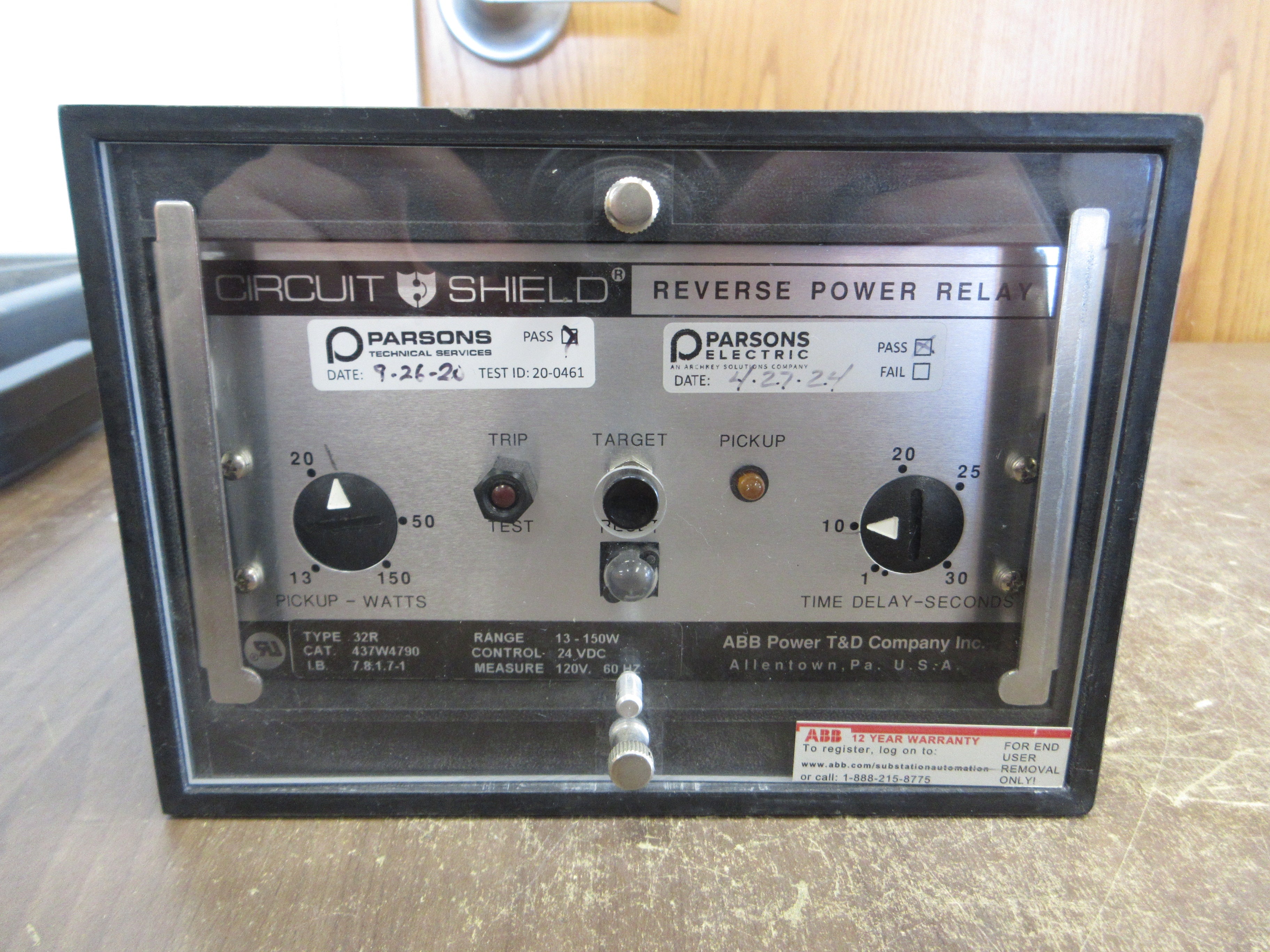 ABB Circuit Shield Reverse Power Relay 437W4790 24VDC Control Range: 13-150W Used