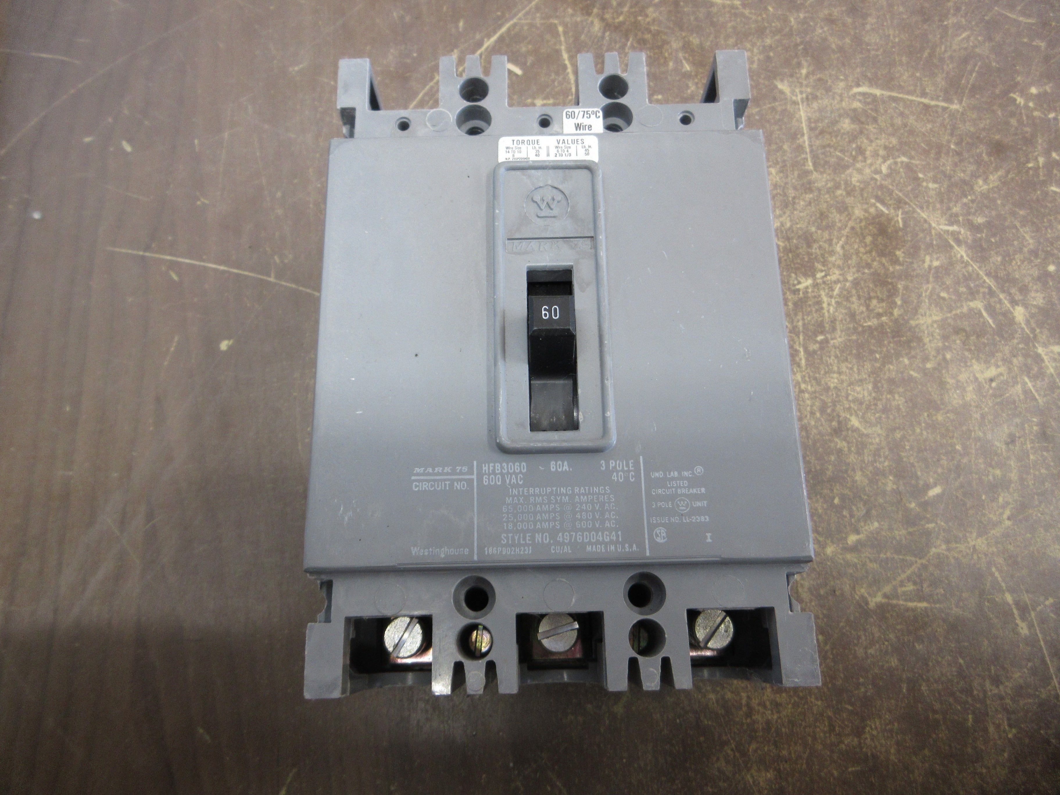 Westinghouse AB De-Ion Circuit Breaker HFB3060 60A 600V 3P New Surplus