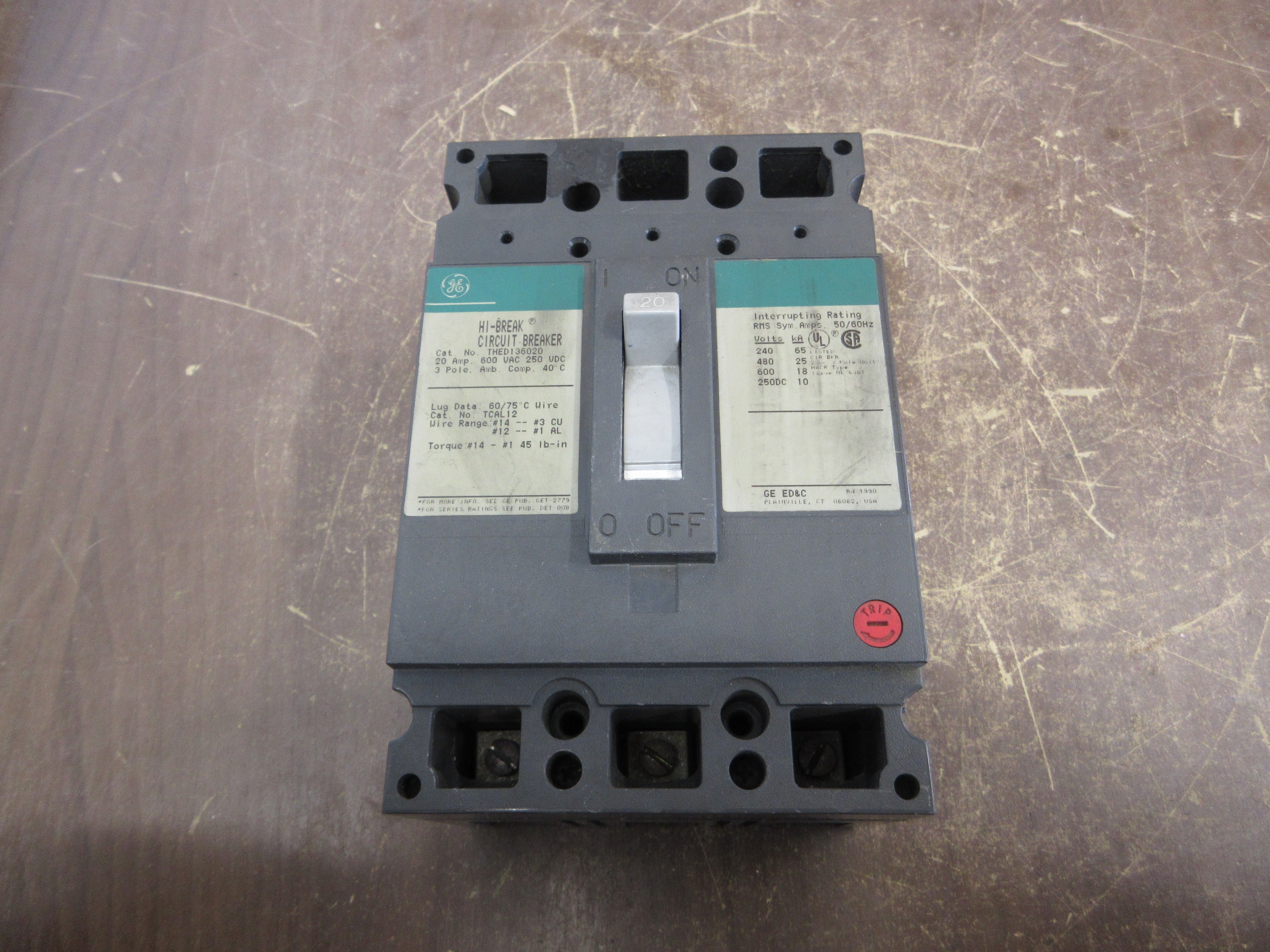 GE Circuit Breaker THED136020 20A 600V 3P New Surplus
