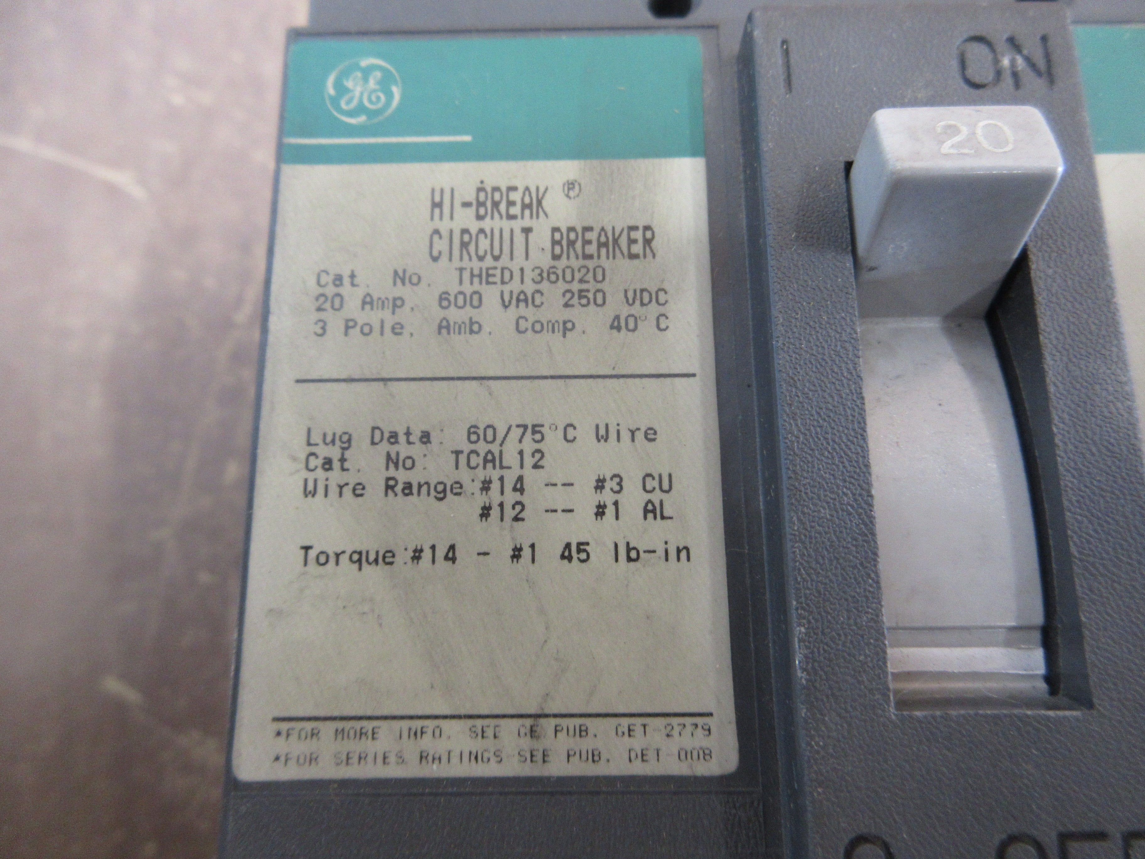 GE Circuit Breaker THED136020 20A 600V 3P New Surplus