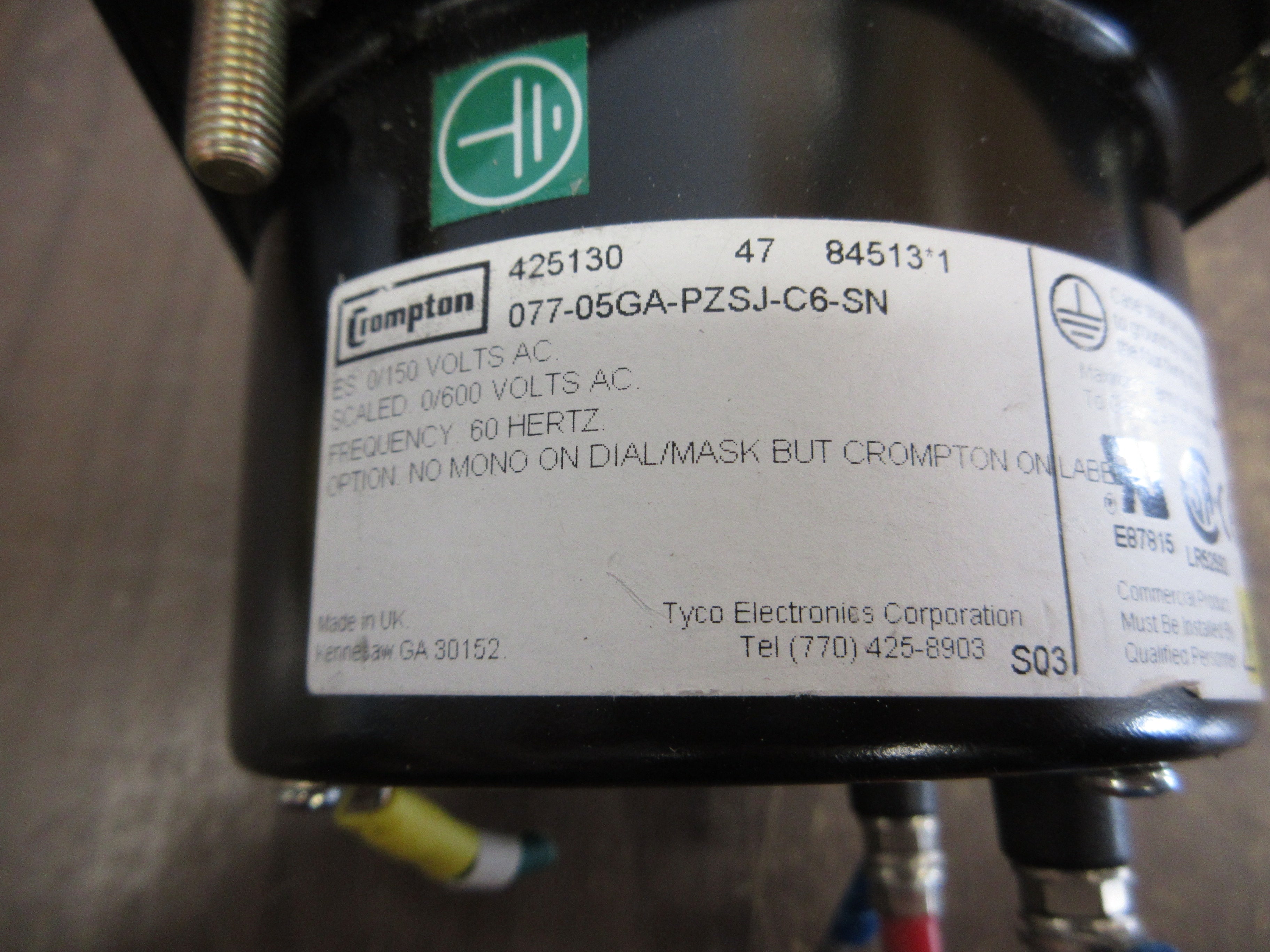 Crompton AC Voltmeter 077-05GA-PZSJ-C6-SN Range: 0-600V Used