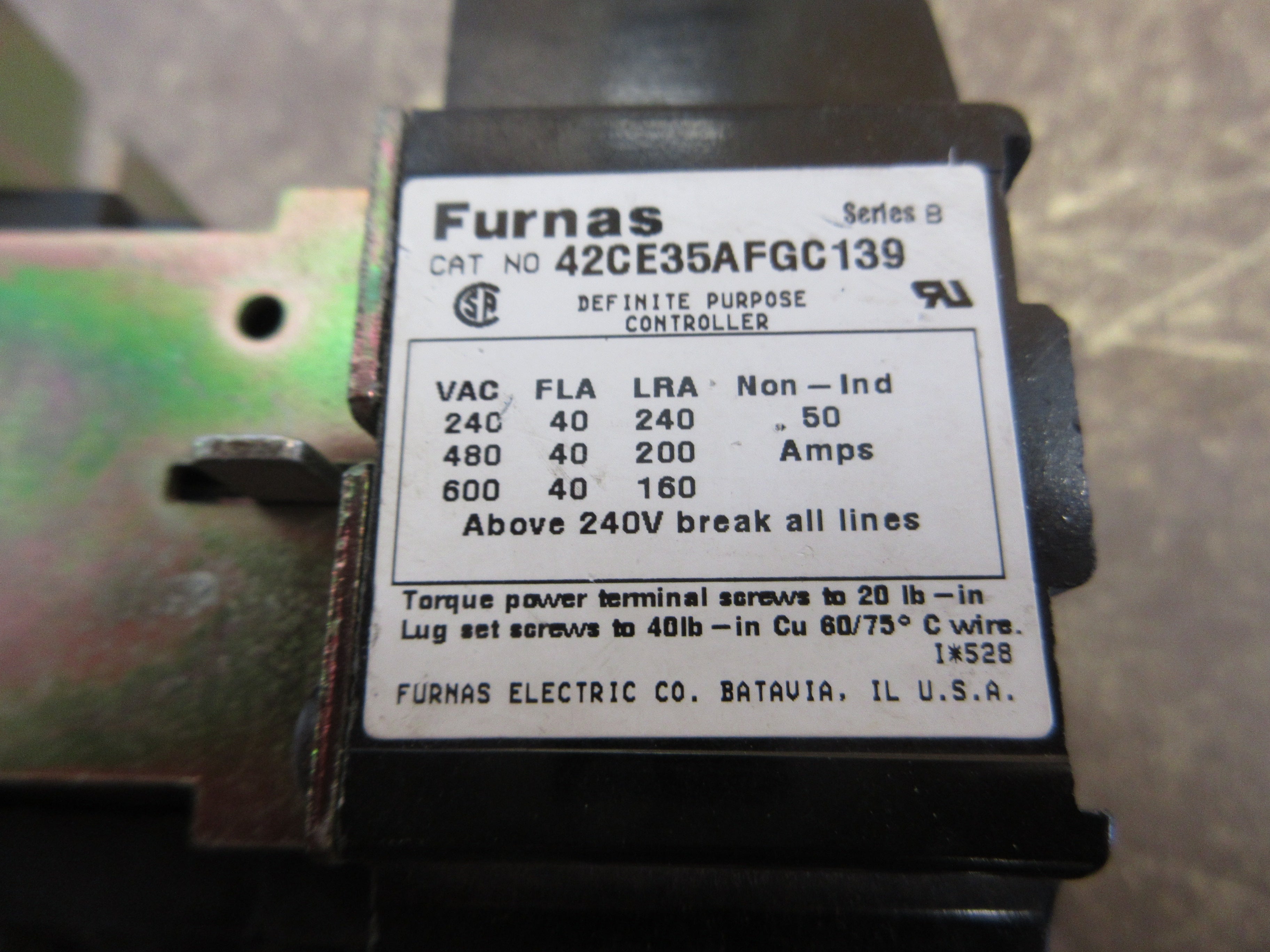 Furnas Definite Purpose Contactor 42CE35AFGC139 Ser. B 120V Coil 40A 600V Used
