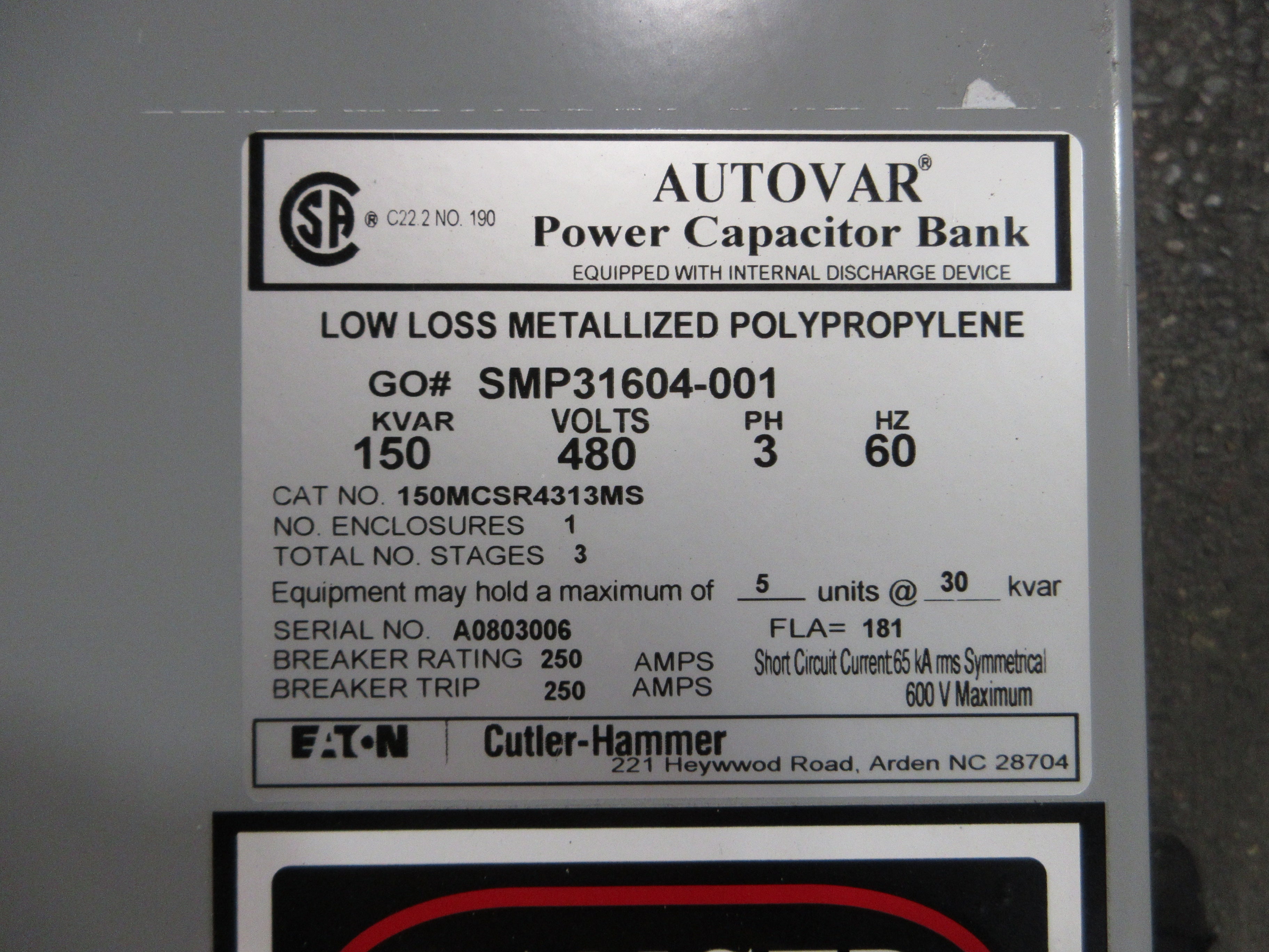 Eaton Autovar Power Capacitor Bank 150MCSR4313MS Lot of 2