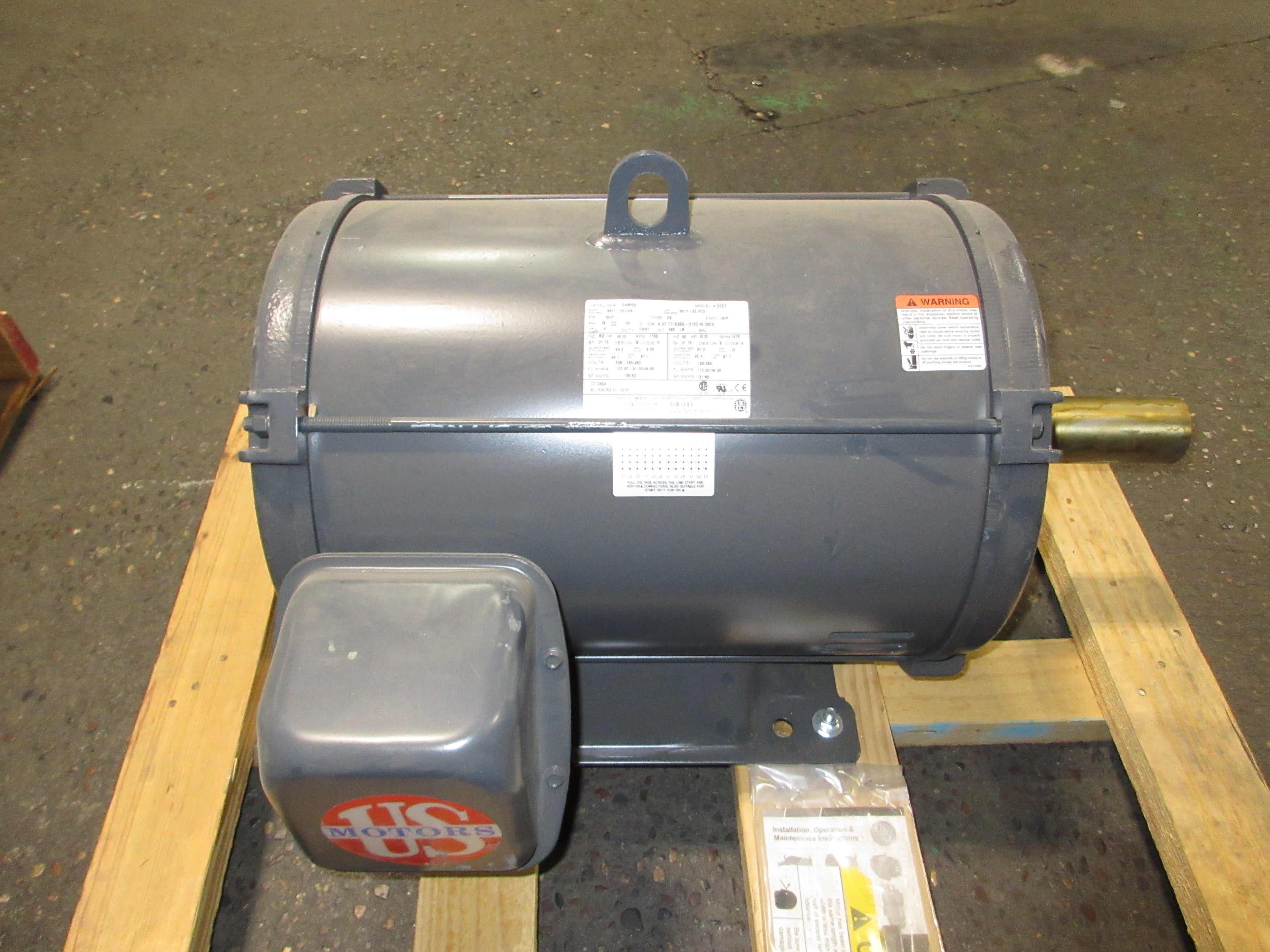 U.S. Motors Motor D40P2D 40HP 1800RPM 208-230/460V 102-91/46A 60Hz New Surplus