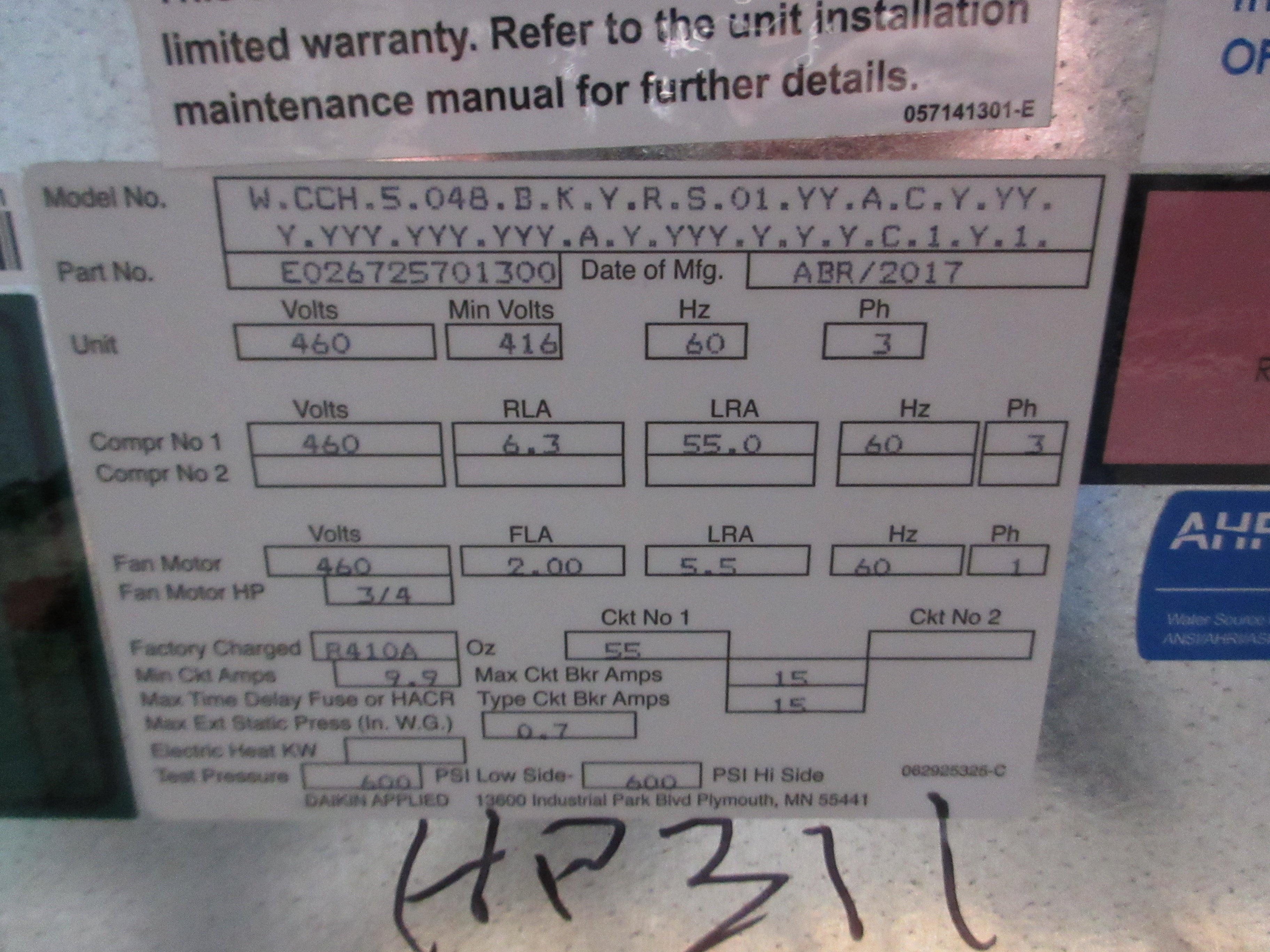 Daikin Water Source Heat Pump E026725701300 4-Ton 460V 3Ph 60Hz MFD: 2017 Used